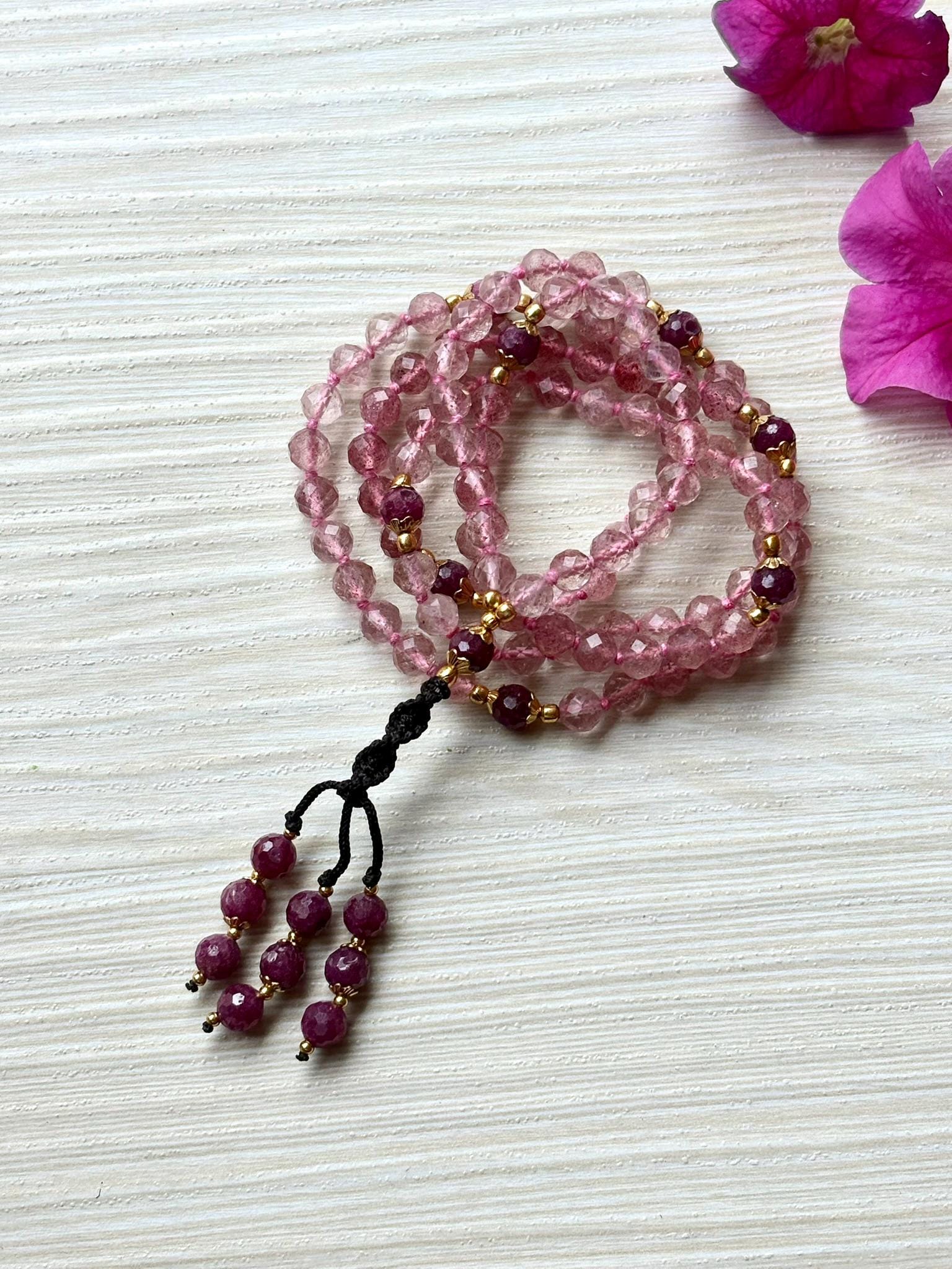 Strawberry Quartz Mala Necklace with Ruby,Tassel mala, Prayer Necklace, 108 Mala Beads, Statement Necklace Spiritual Mala