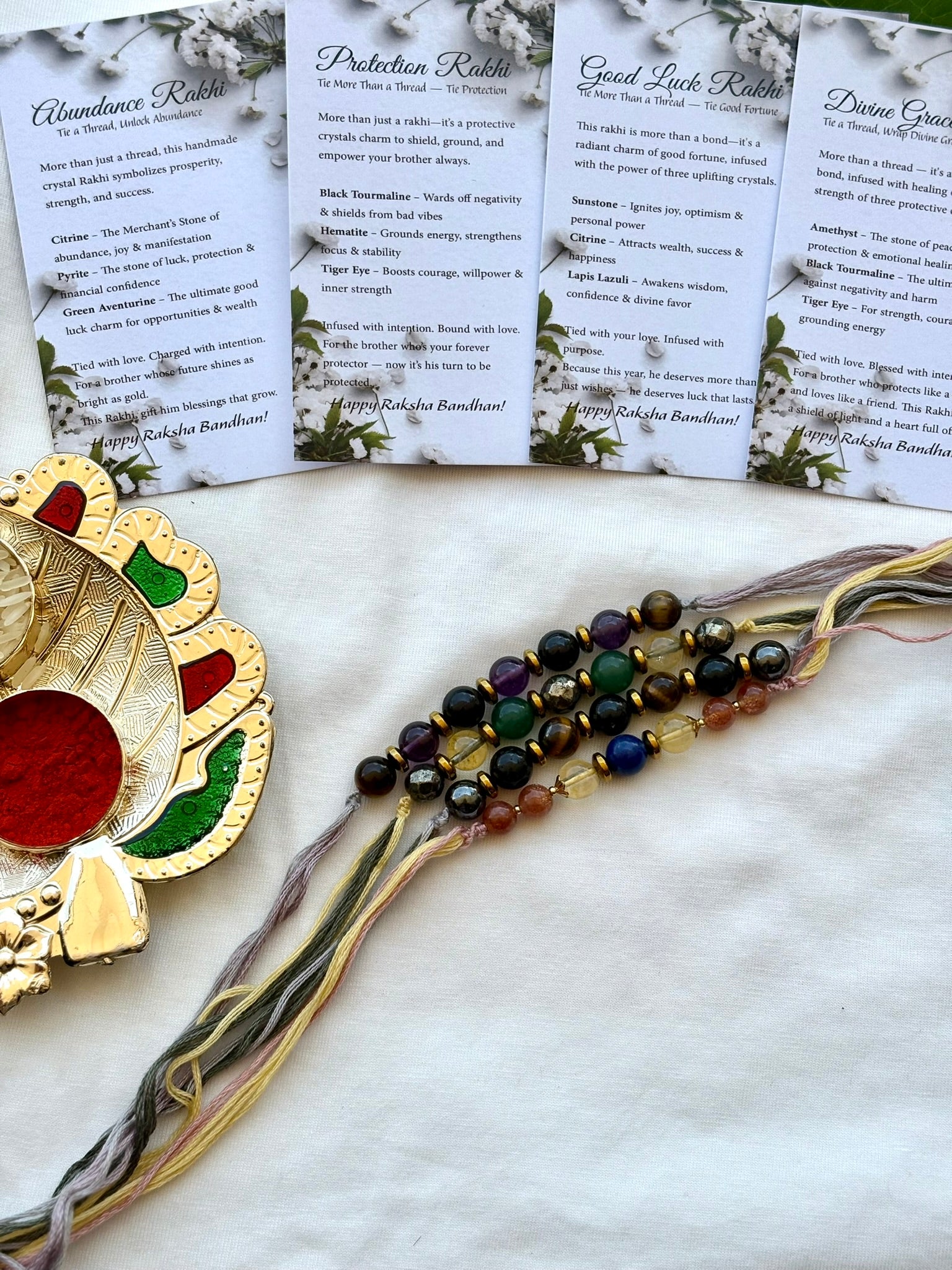 Wealth Rakhi, Divine Grace Rakhi, Protection Rakhi, Good Luck Rakhi - Set of 4