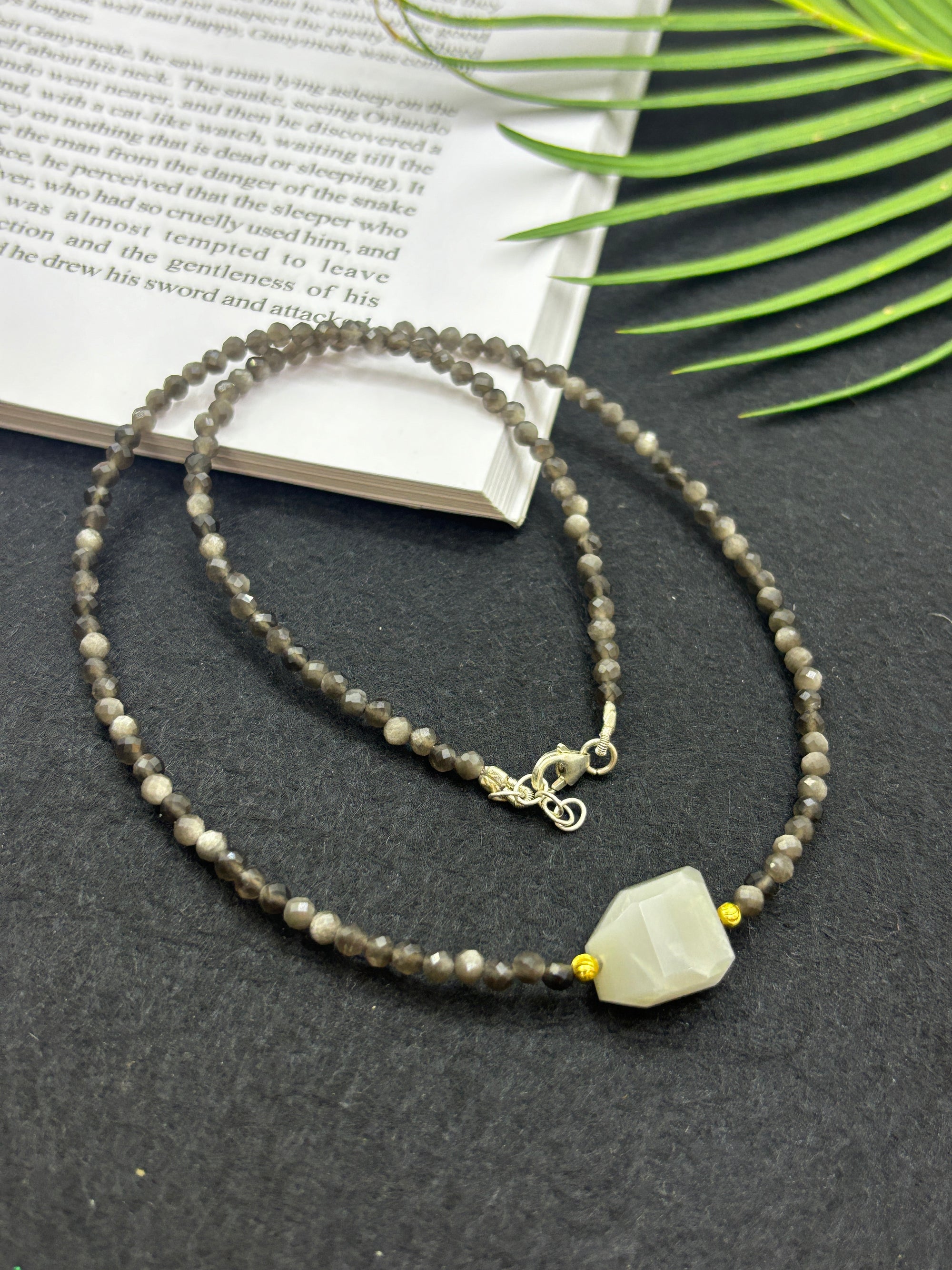 Coffee Moonstone Beaded Necklace with Grey Moonstone Pendant