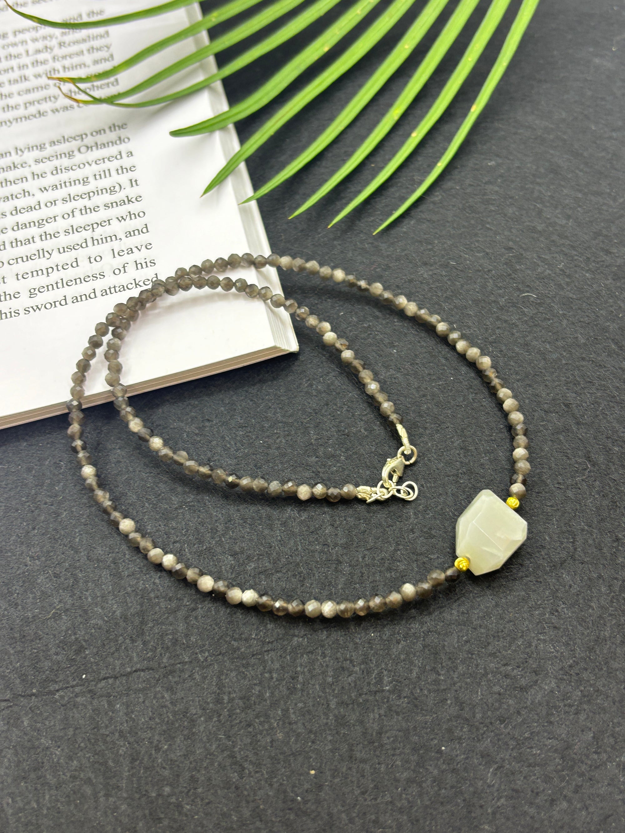 Coffee Moonstone Beaded Necklace with Grey Moonstone Pendant