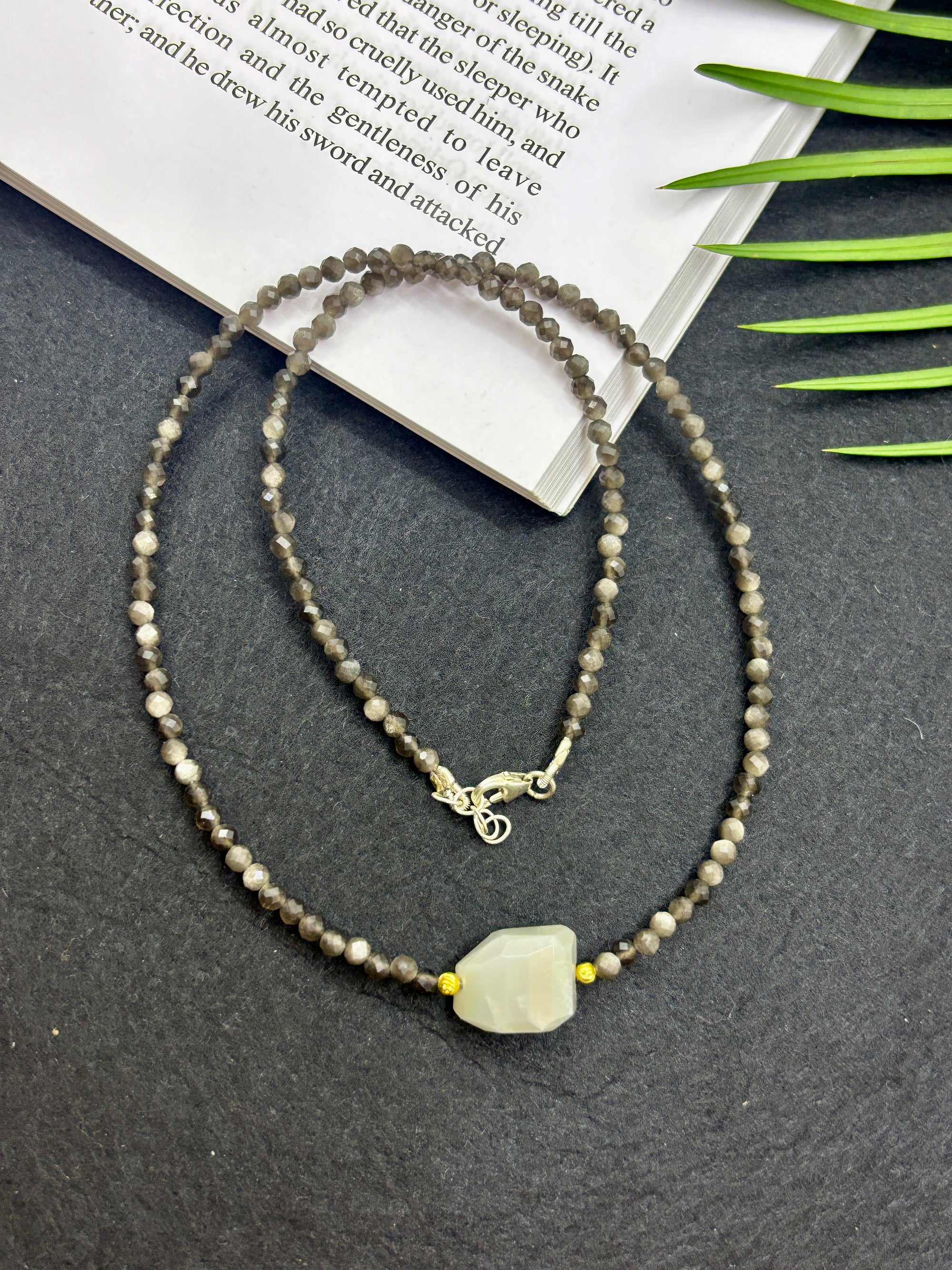 Coffee Moonstone Beaded Necklace with Grey Moonstone Pendant