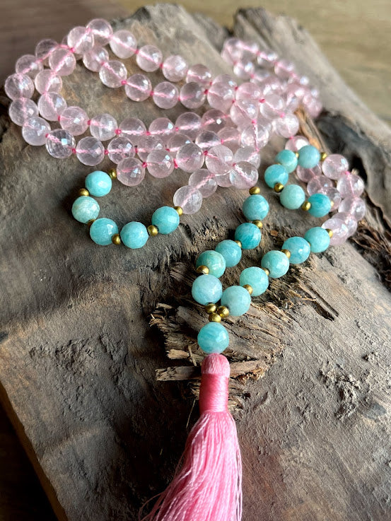 Heart Chakra - Rose Quartz and Amazonite Meditation Mala - Premium Quality