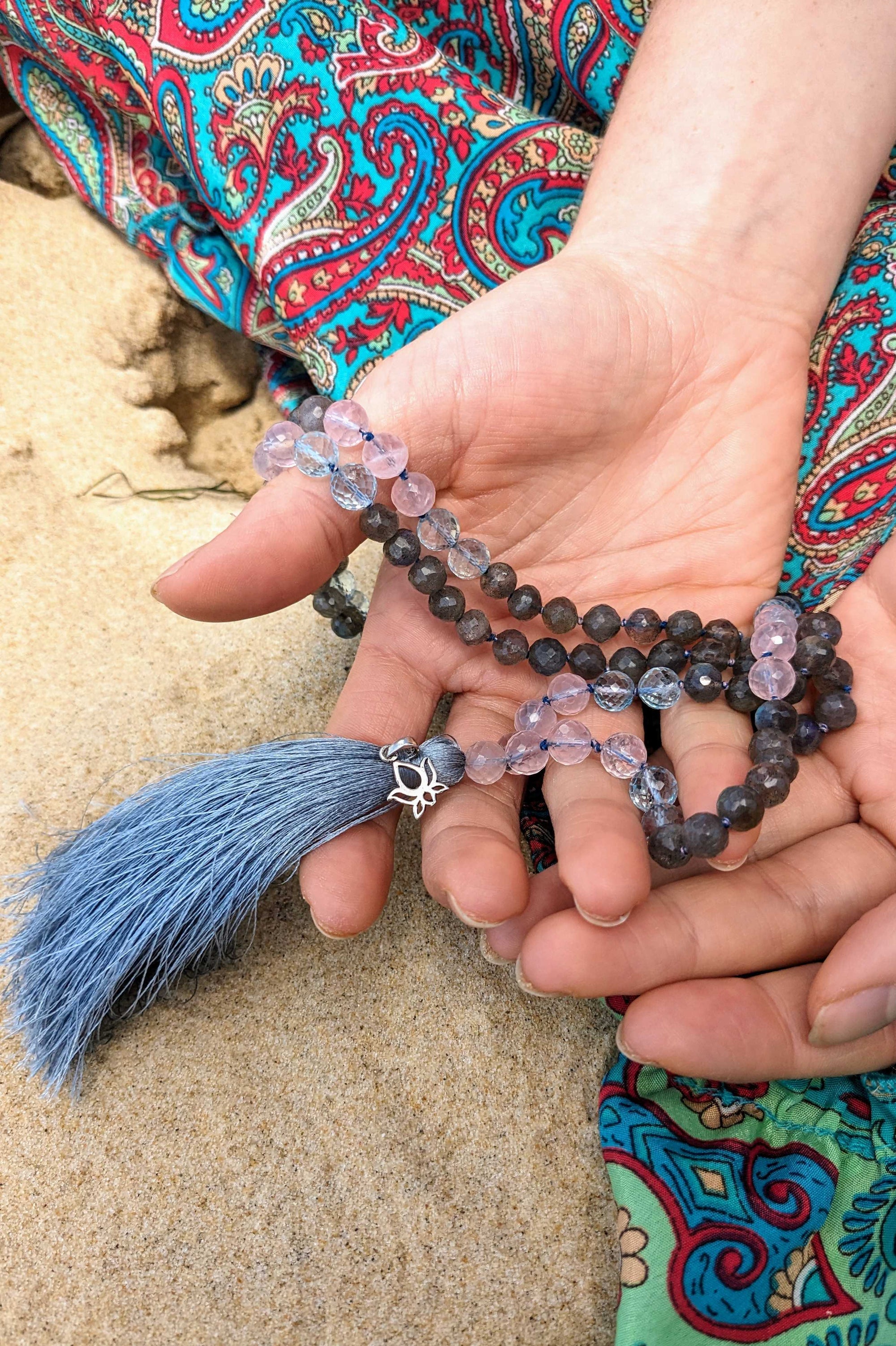 Rose Quartz, Blue Topaz and Labradorite Mala - Premium Quality