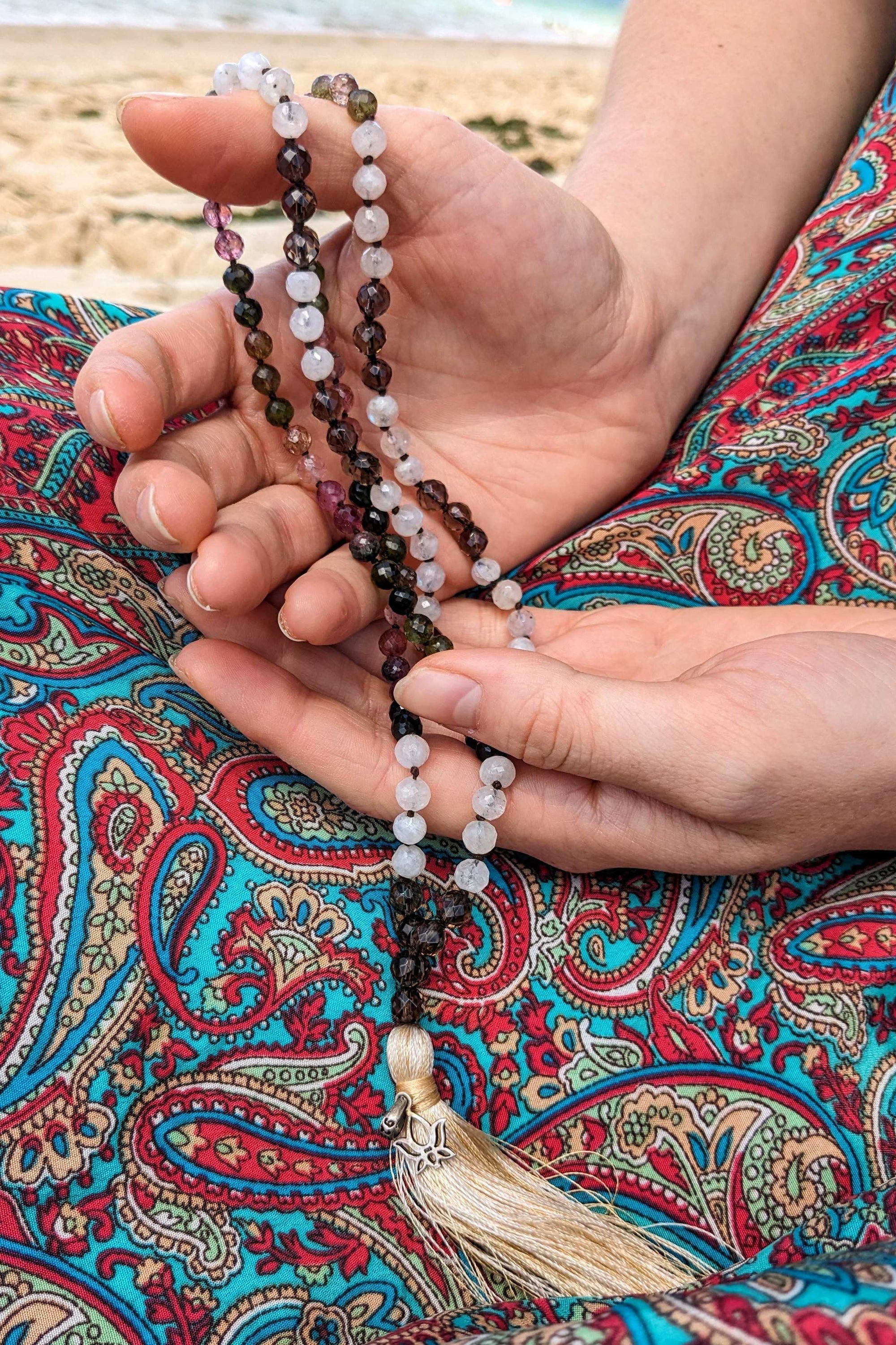 Smoky Topaz, Moonstone, and Tourmaline Mala - Premium Quality