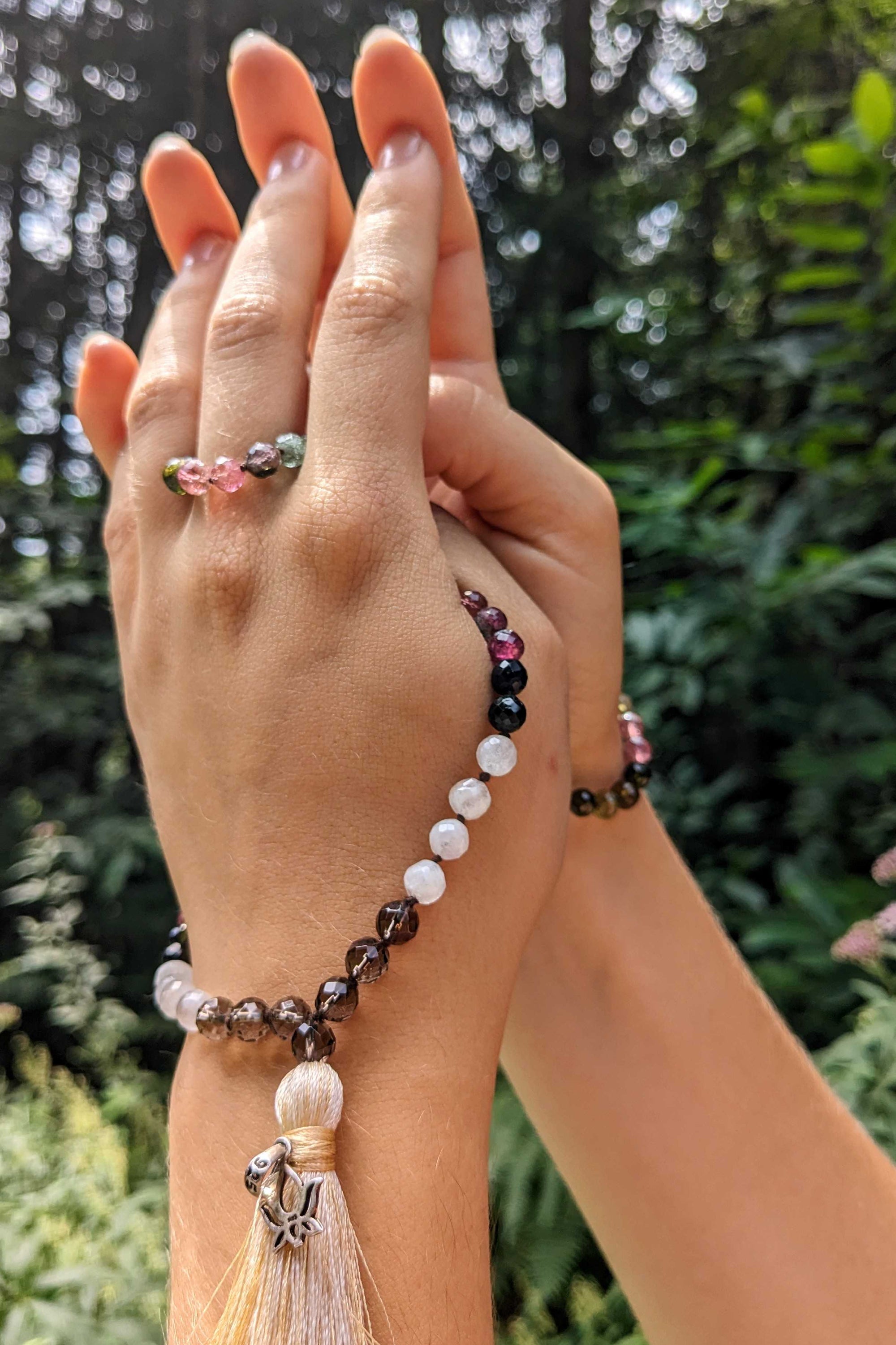 Smoky Topaz, Moonstone, and Tourmaline Mala - Premium Quality