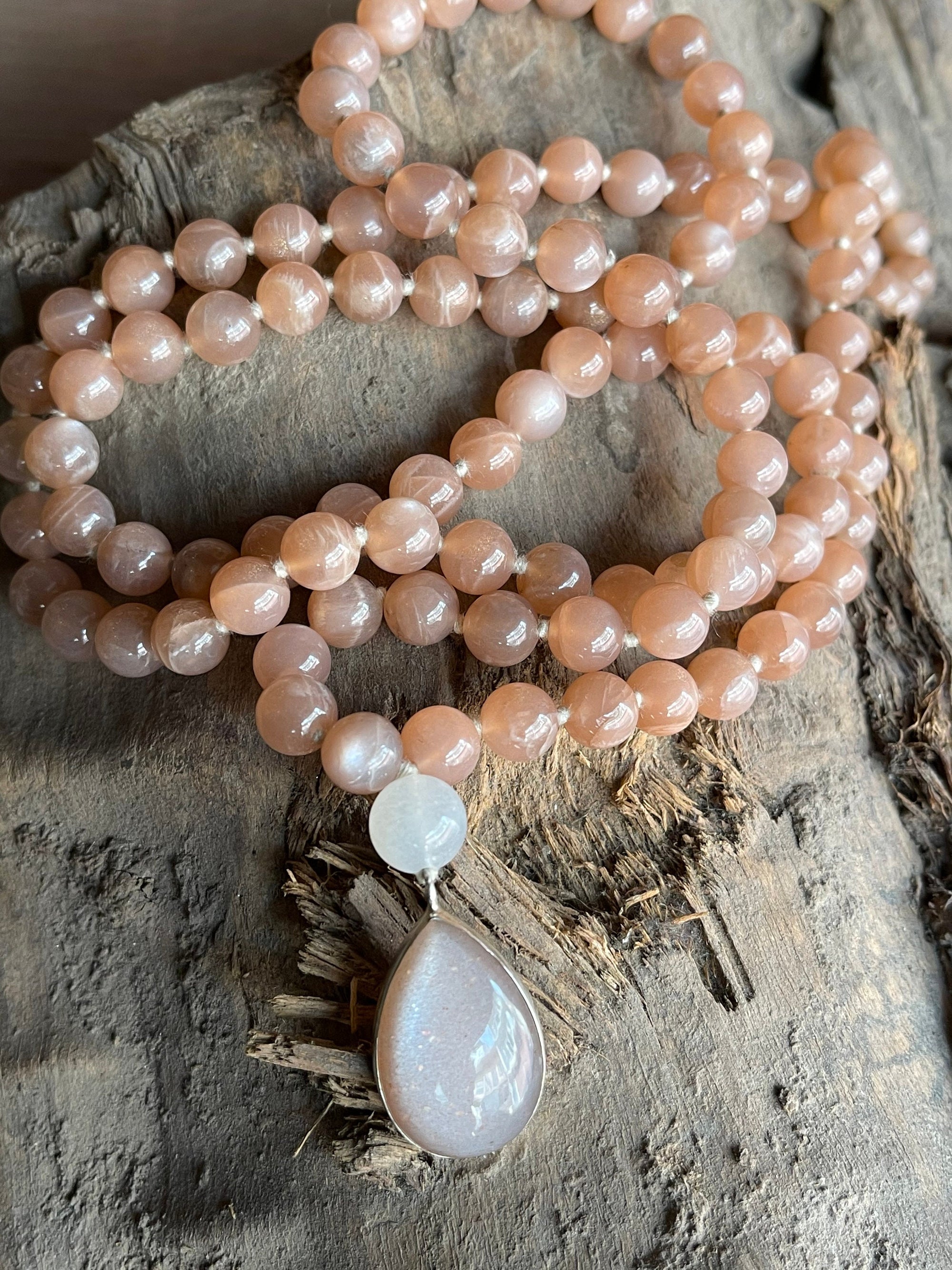 Peach Moonstone Mala with 925 Sterling Silver Peach Moonstone Pendant , 108 japa mala beads,Crystal Beaded Necklace