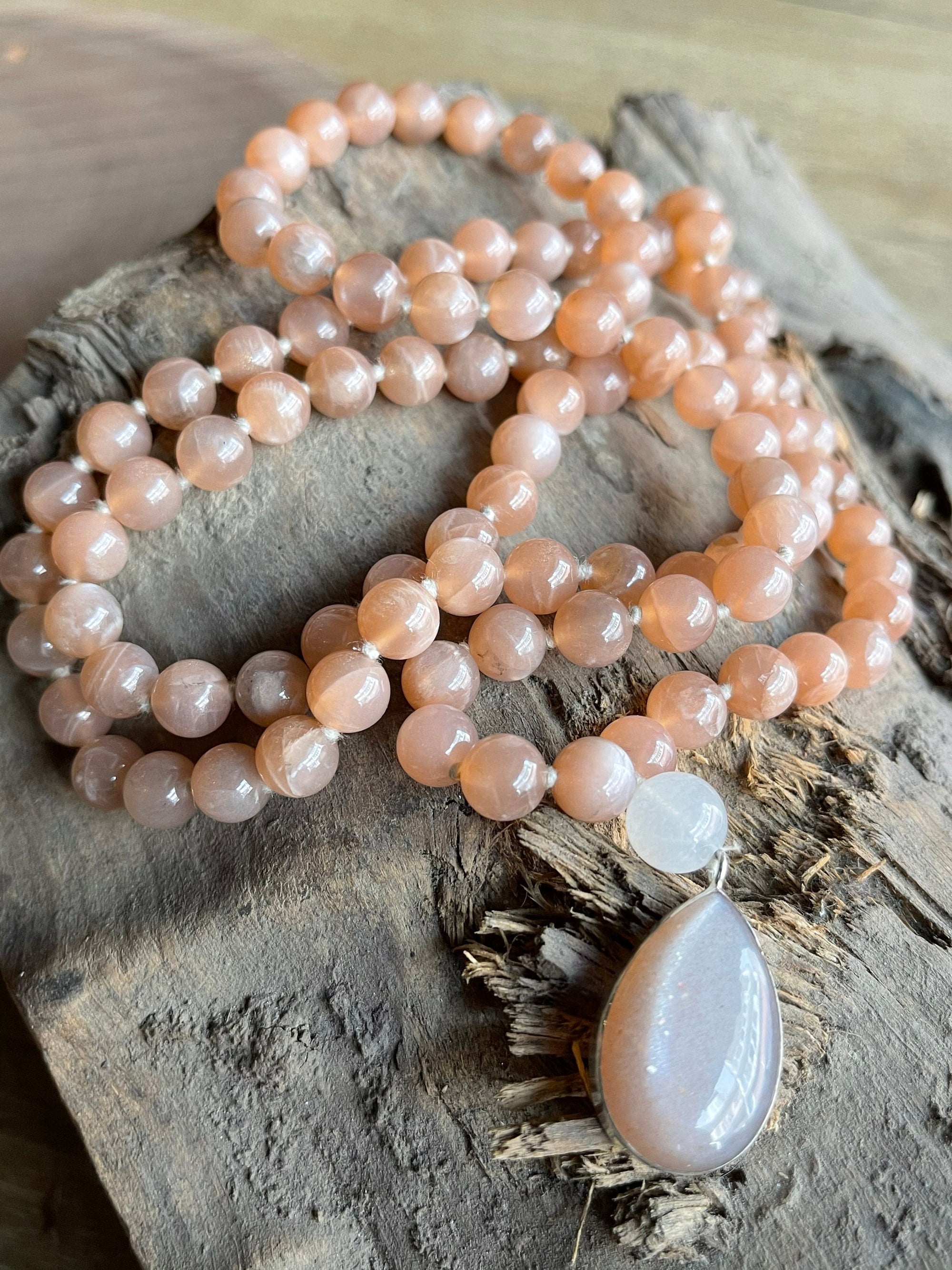 Peach Moonstone Mala with 925 Sterling Silver Peach Moonstone Pendant , 108 japa mala beads,Crystal Beaded Necklace