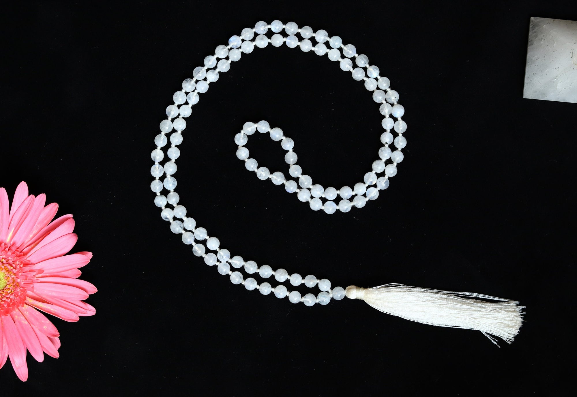 Moon Stone 6mm Bead mala Necklace, 108 japa mala beads,Crystal Beaded Necklace, Prayer Beads Mala