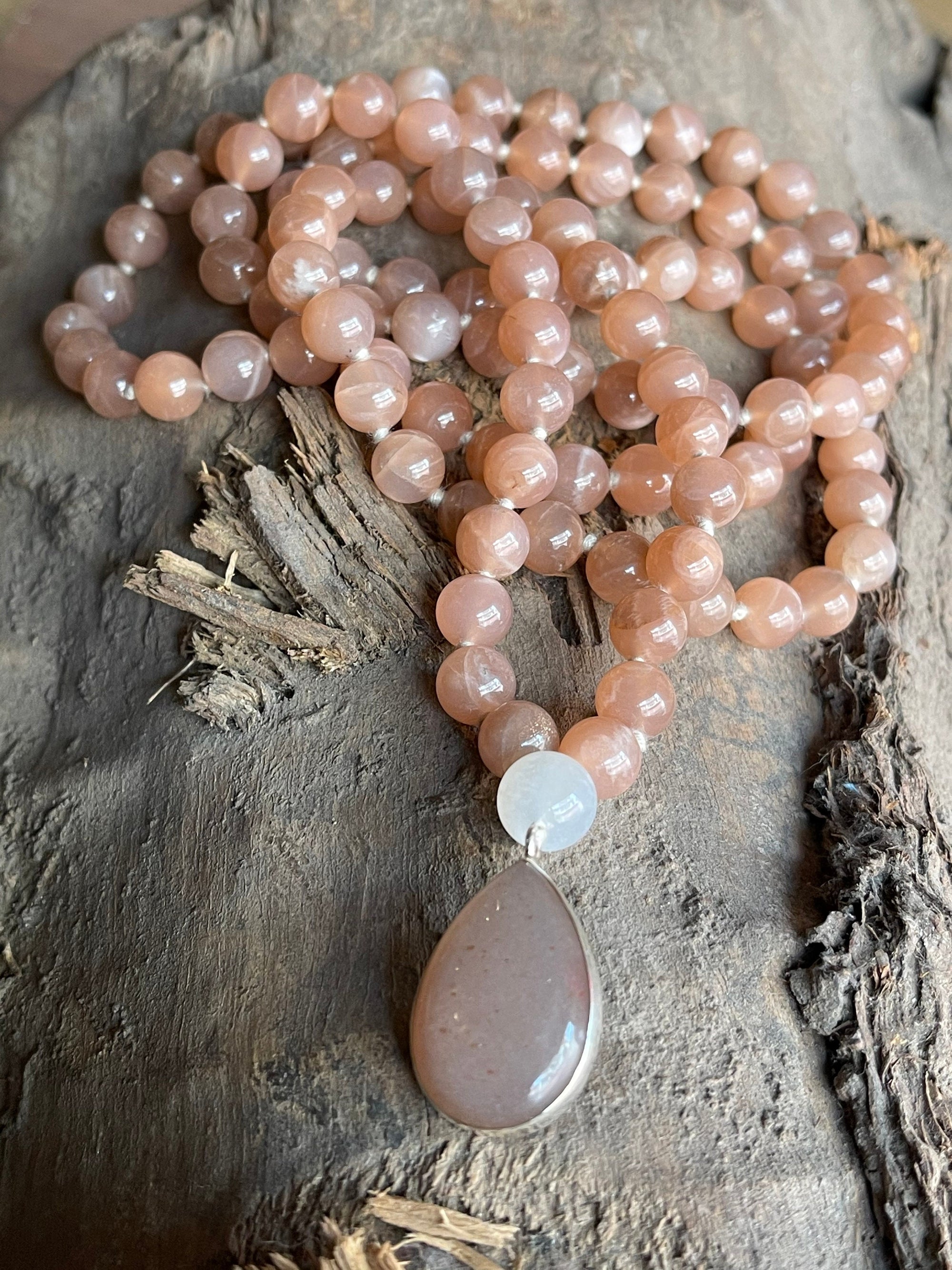 Peach Moonstone Mala with 925 Sterling Silver Peach Moonstone Pendant , 108 japa mala beads,Crystal Beaded Necklace