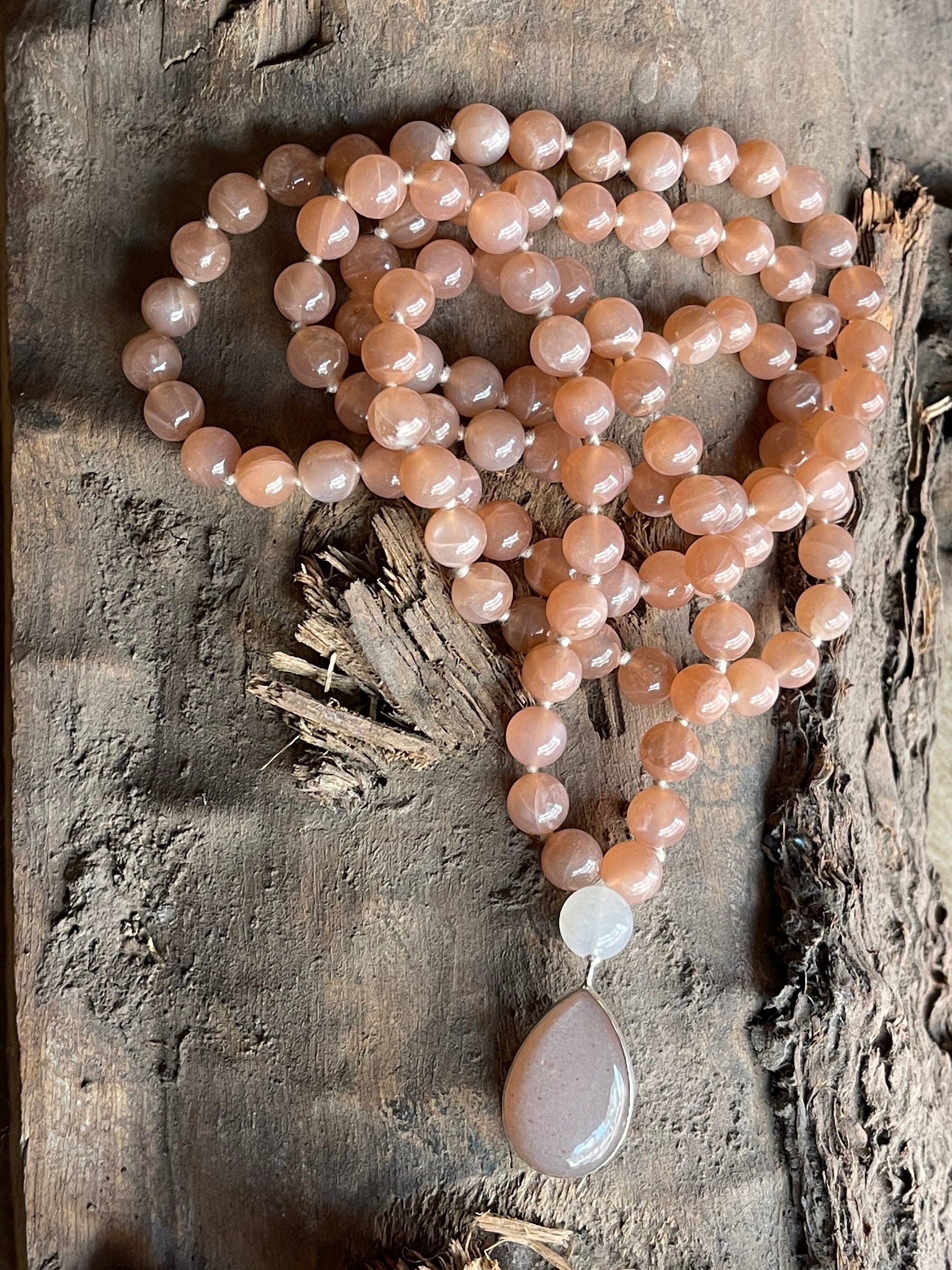 Peach Moonstone Mala with 925 Sterling Silver Peach Moonstone Pendant , 108 japa mala beads,Crystal Beaded Necklace