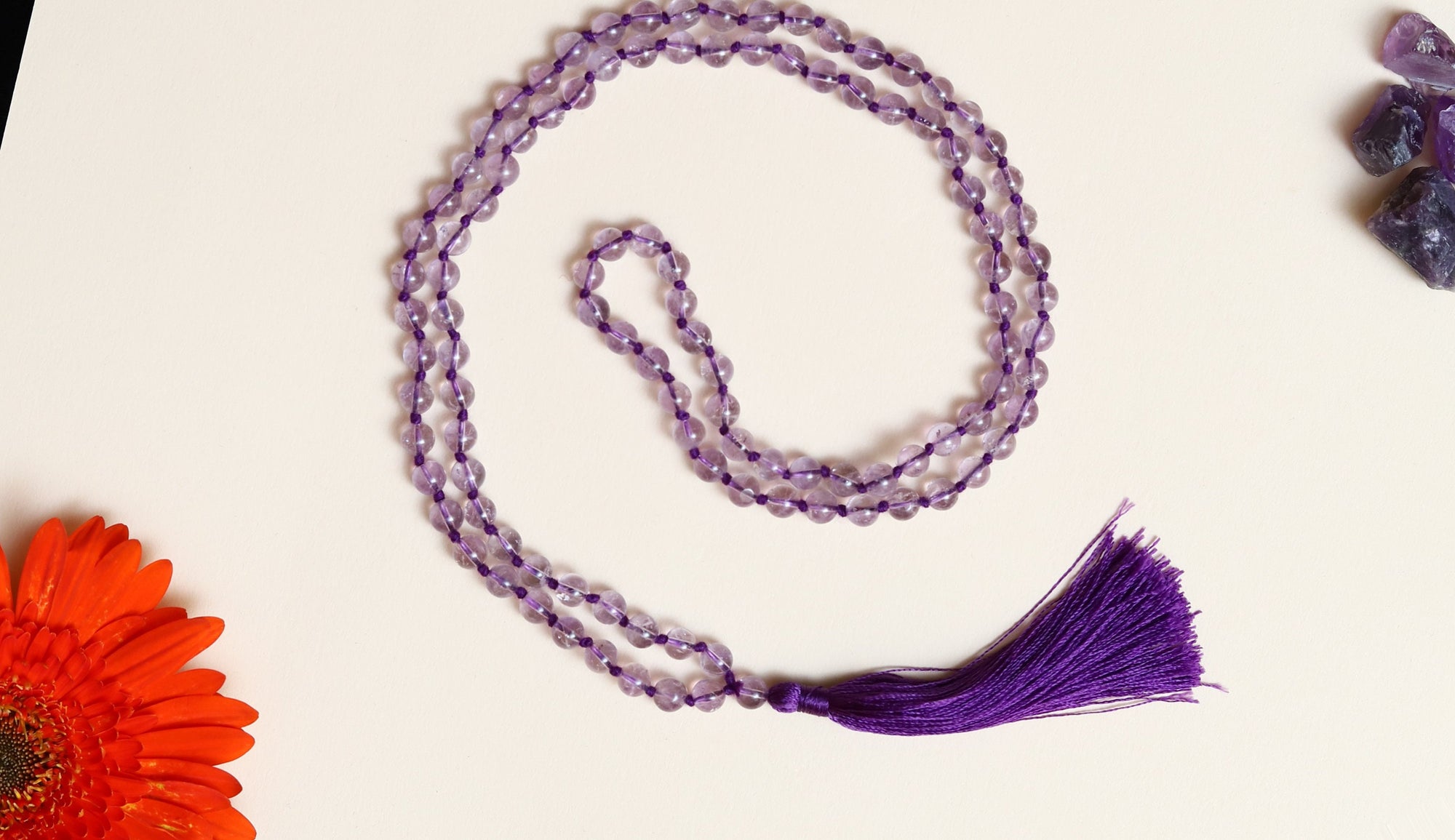 Pink Amethyst 6mm Bead Mala Necklace, 108 japa mala beads, Prayer Beads Mala, Tassel Necklace