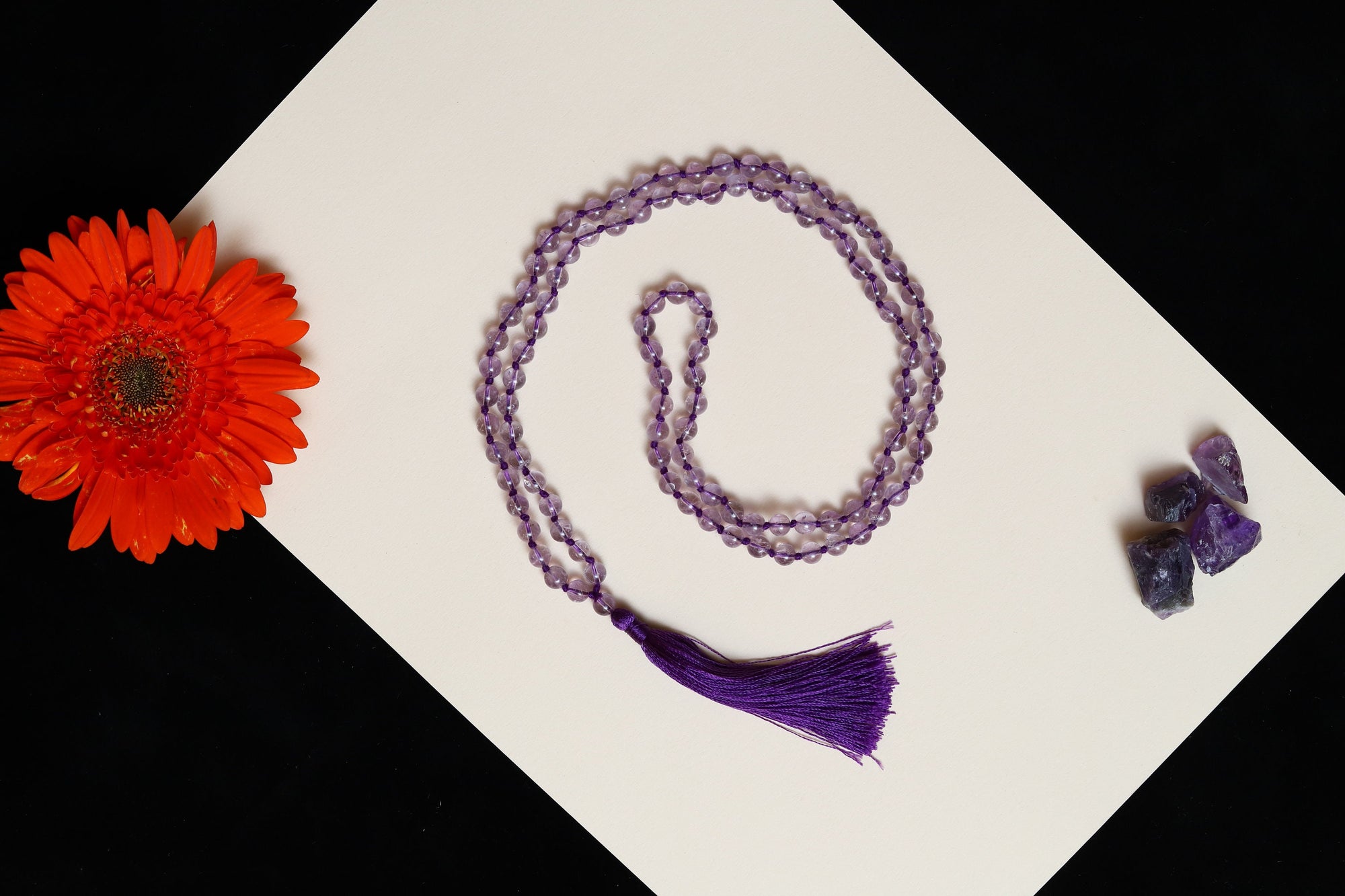 Pink Amethyst 6mm Bead Mala Necklace, 108 japa mala beads, Prayer Beads Mala, Tassel Necklace