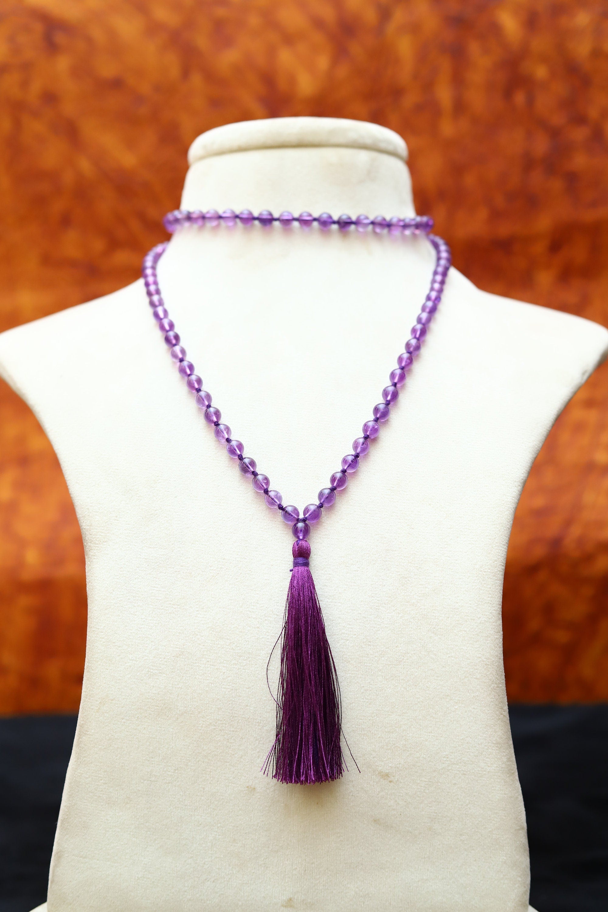 Pink Amethyst 6mm Bead Mala Necklace, 108 japa mala beads, Prayer Beads Mala, Tassel Necklace