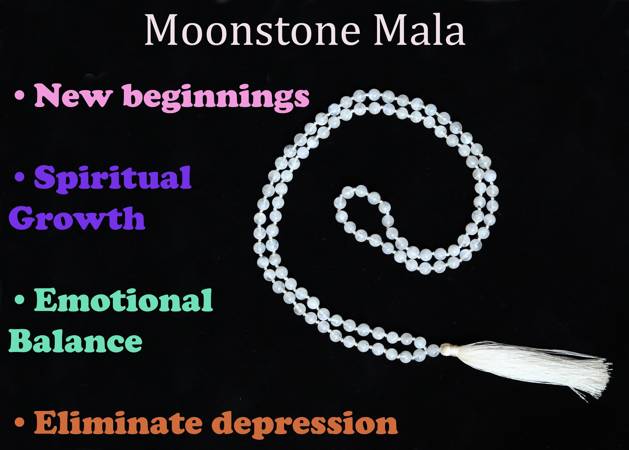 Moon Stone 6mm Bead mala Necklace, 108 japa mala beads,Crystal Beaded Necklace, Prayer Beads Mala
