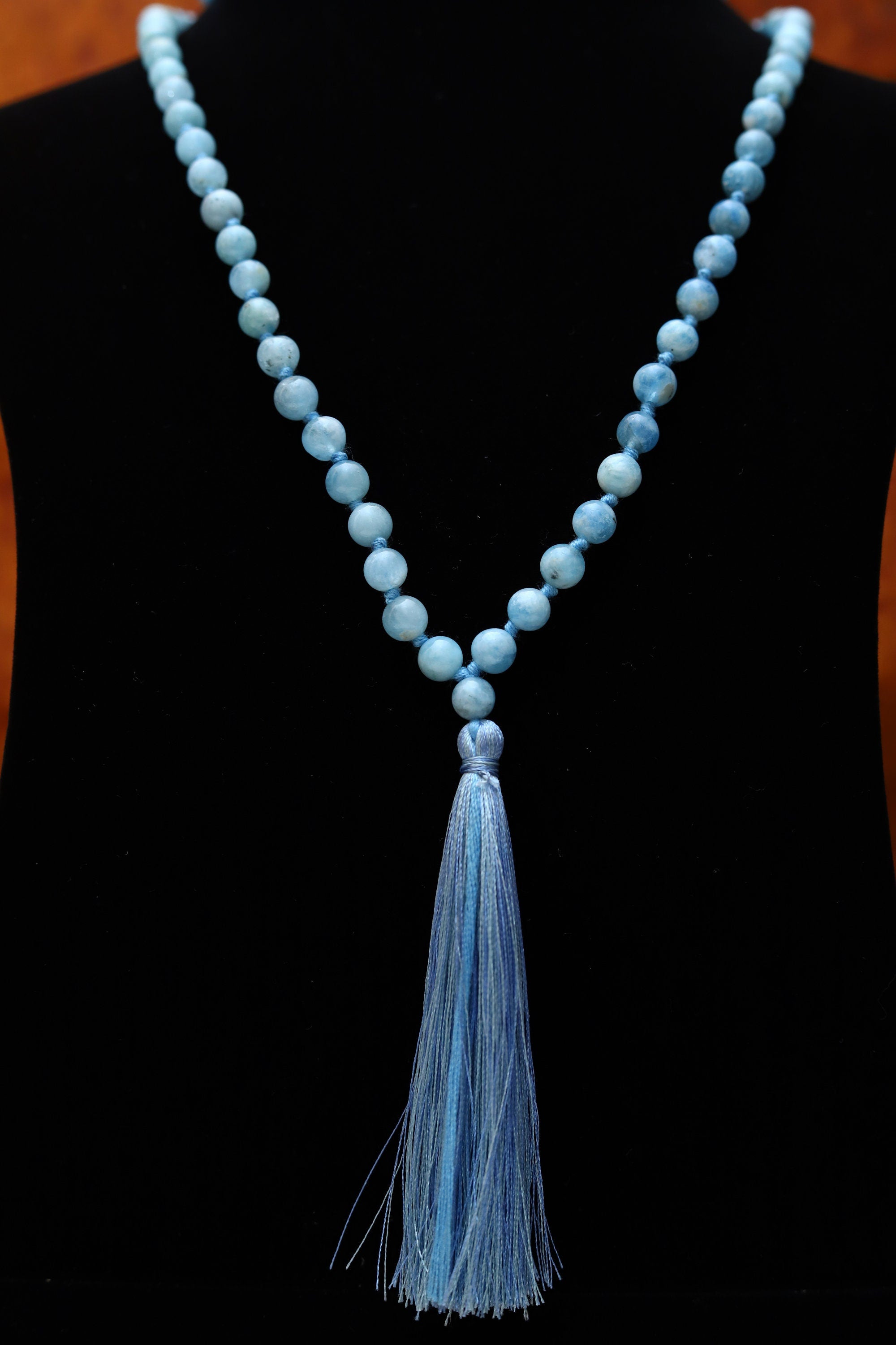 Aquamarine 8mm Bead Mala Necklace,108 japa mala beads,  Prayer Beads, Anti Anxiety Mala Bead Necklace