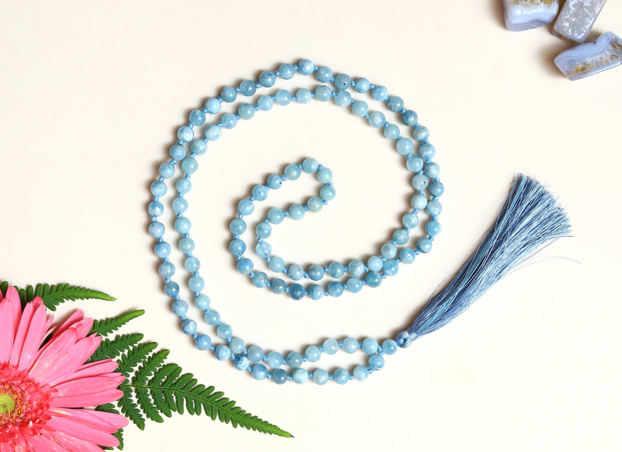 Aquamarine 8mm Bead Mala Necklace,108 japa mala beads,  Prayer Beads, Anti Anxiety Mala Bead Necklace