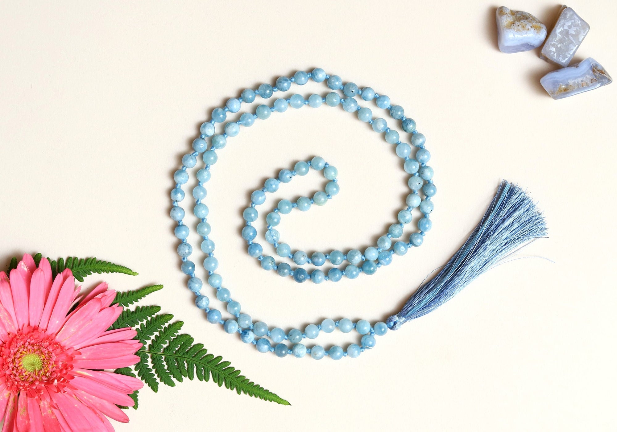 Aquamarine 8mm Bead Mala Necklace,108 japa mala beads,  Prayer Beads, Anti Anxiety Mala Bead Necklace