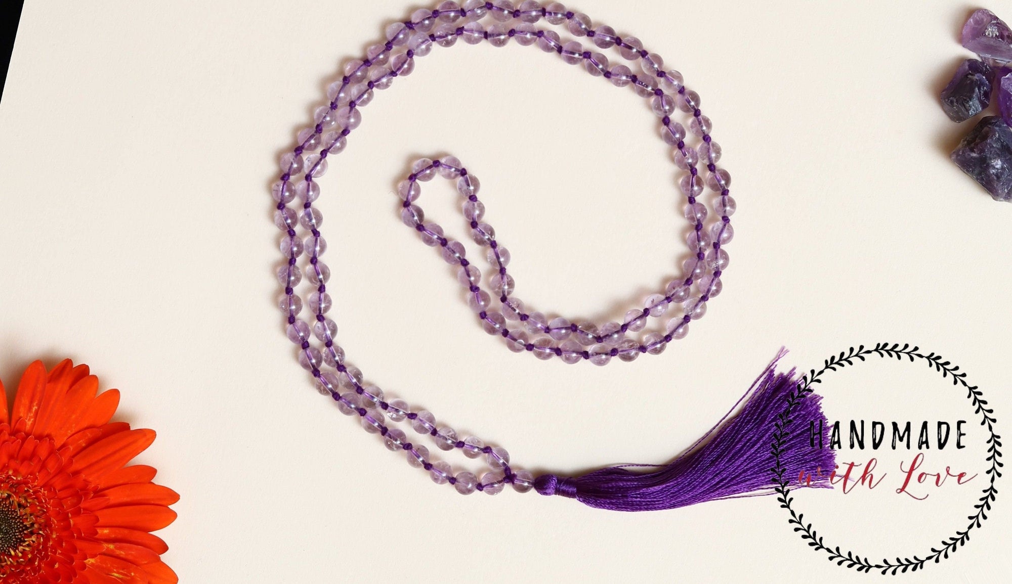 Pink Amethyst 6mm Bead Mala Necklace, 108 japa mala beads, Prayer Beads Mala, Tassel Necklace