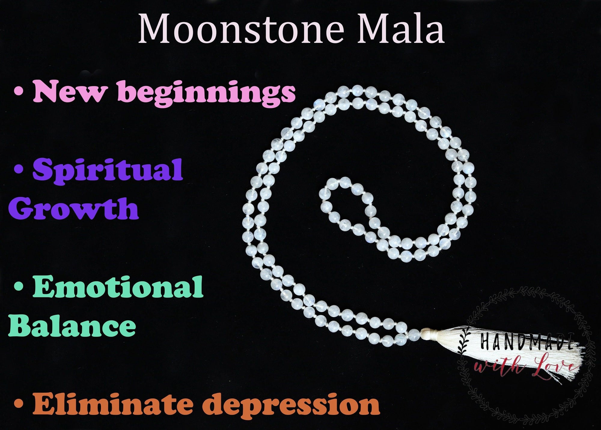 Moon Stone 6mm Bead mala Necklace, 108 japa mala beads,Crystal Beaded Necklace, Prayer Beads Mala