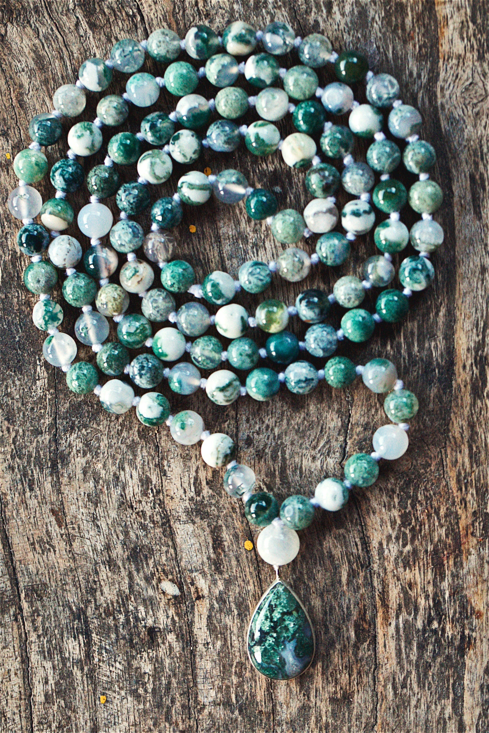 Moss Agate Mala Necklace with  925 Sterling Silver Moss agate Pendant, Tree Agate 108 mala beads ,Crystal Beaded Necklace, Prayer Beads