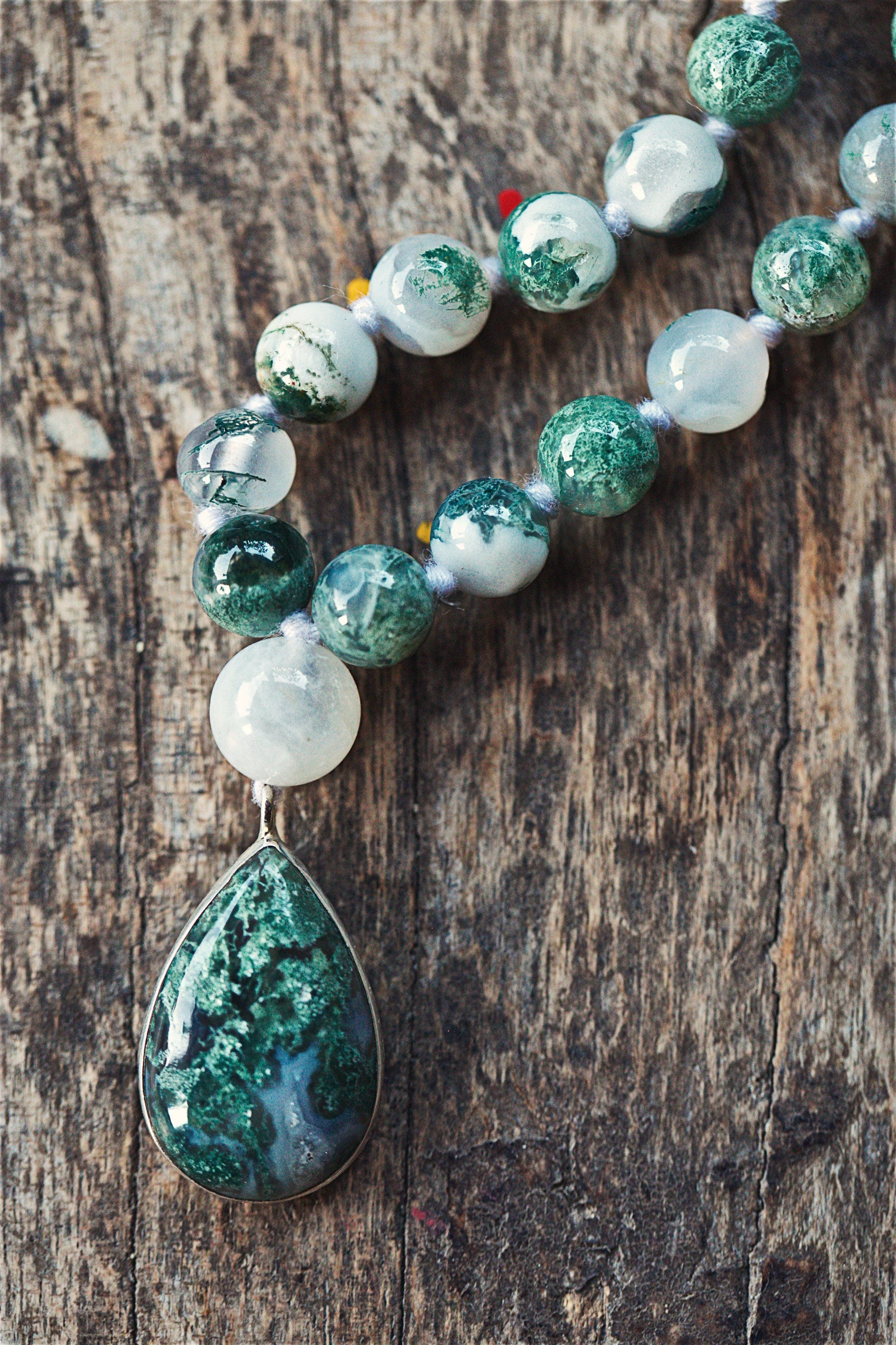 Moss Agate Mala Necklace with  925 Sterling Silver Moss agate Pendant, Tree Agate 108 mala beads ,Crystal Beaded Necklace, Prayer Beads