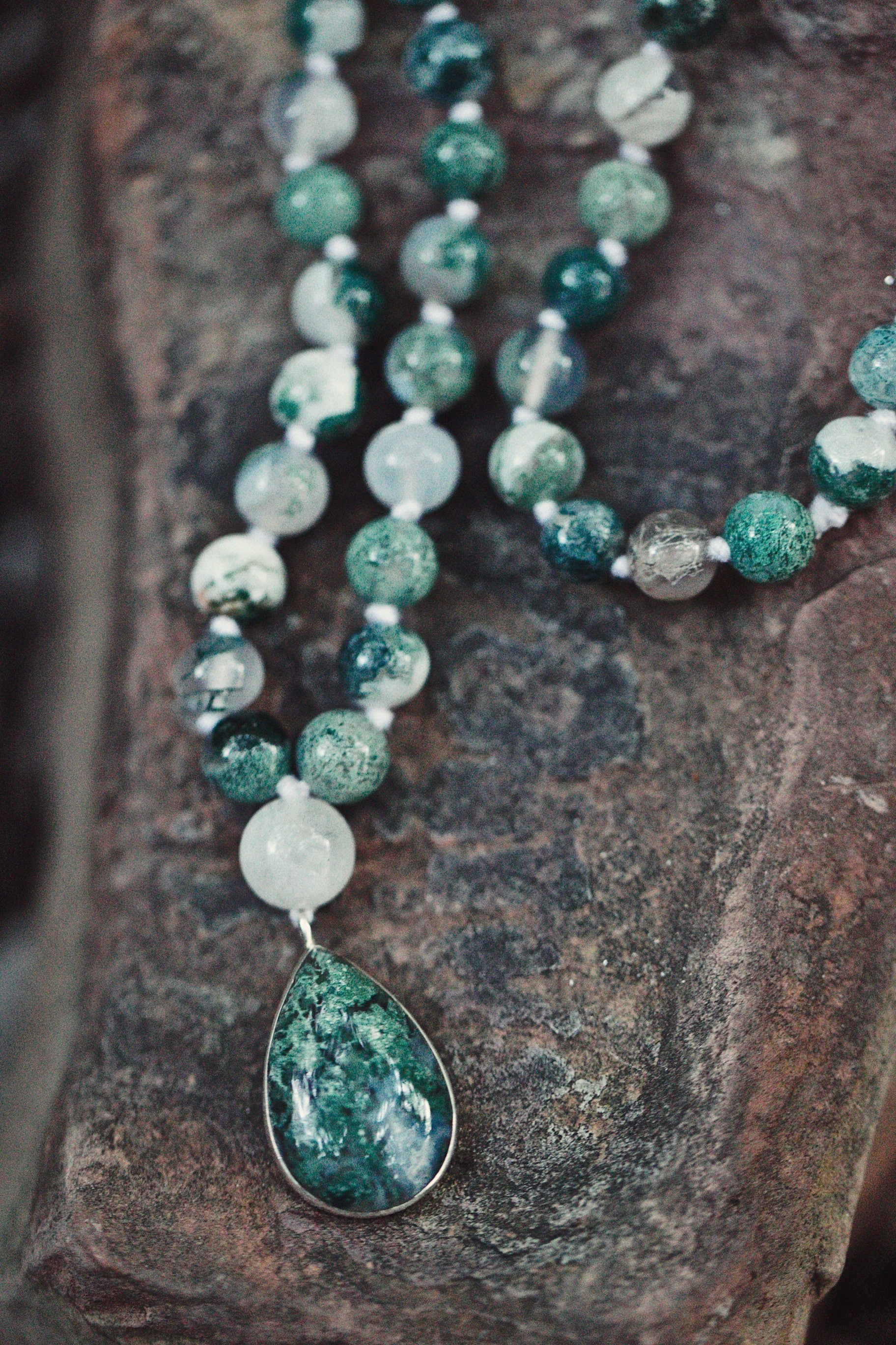 Moss Agate Mala Necklace with  925 Sterling Silver Moss agate Pendant, Tree Agate 108 mala beads ,Crystal Beaded Necklace, Prayer Beads