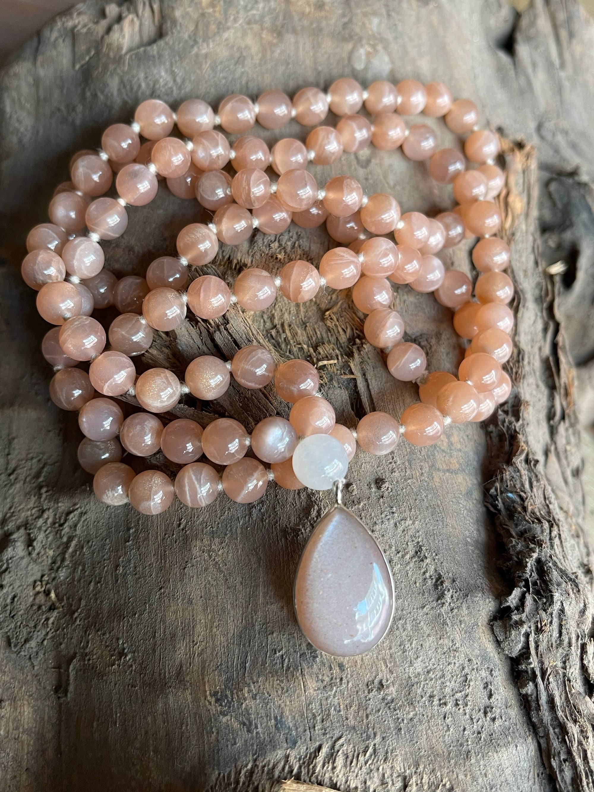 Peach Moonstone Mala with 925 Sterling Silver Peach Moonstone Pendant , 108 japa mala beads,Crystal Beaded Necklace