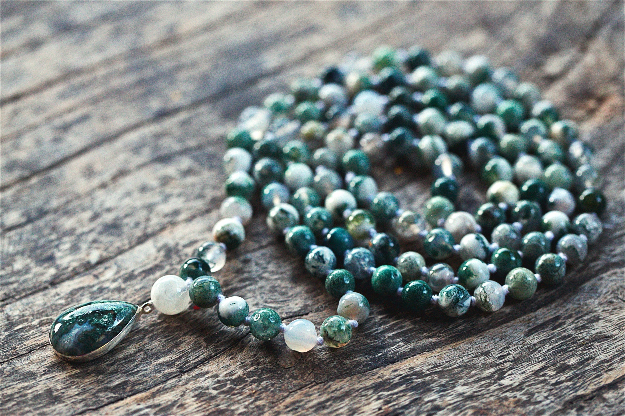 Moss Agate Mala Necklace with  925 Sterling Silver Moss agate Pendant, Tree Agate 108 mala beads ,Crystal Beaded Necklace, Prayer Beads