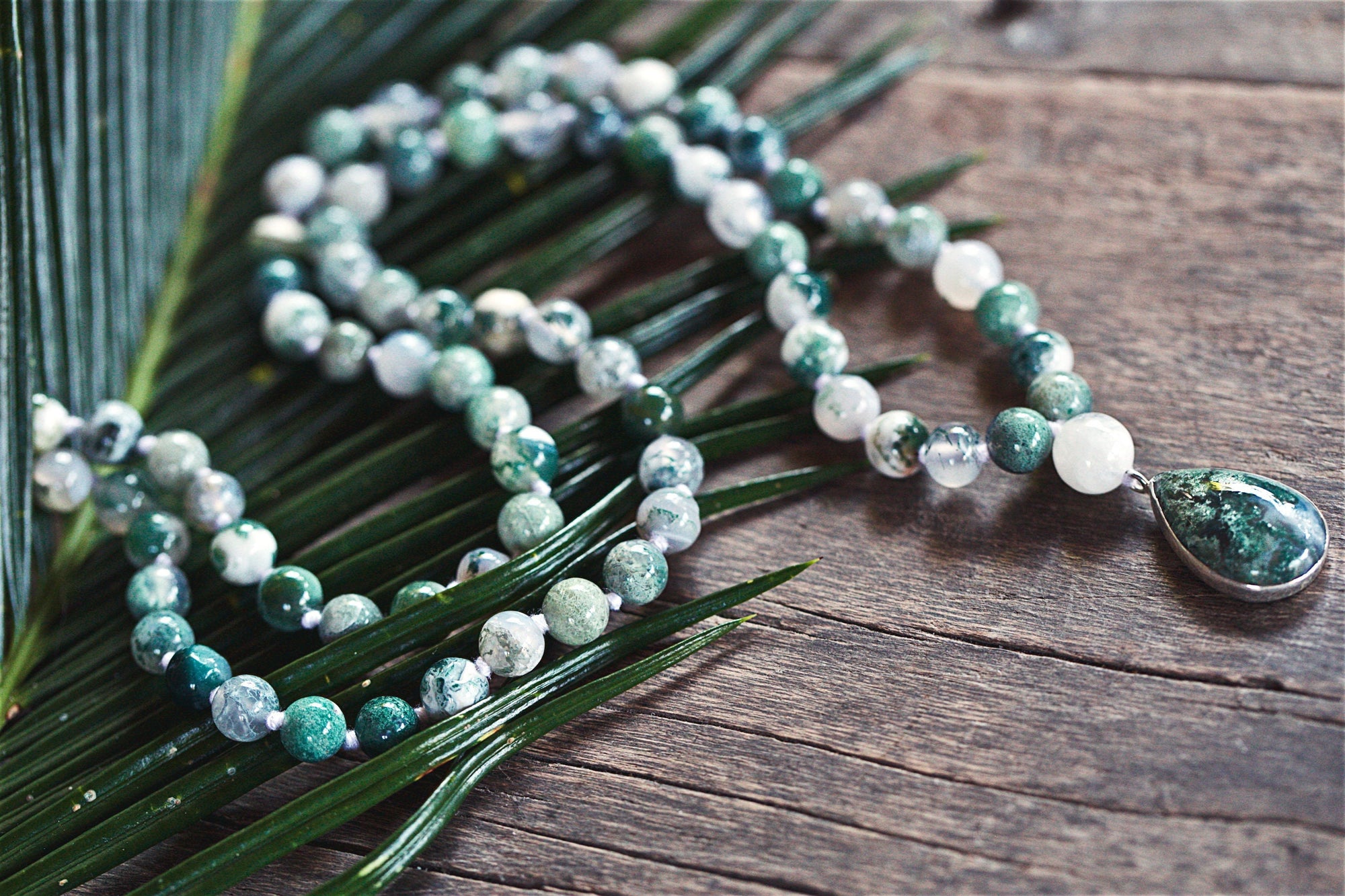 Moss Agate Mala Necklace with  925 Sterling Silver Moss agate Pendant, Tree Agate 108 mala beads ,Crystal Beaded Necklace, Prayer Beads