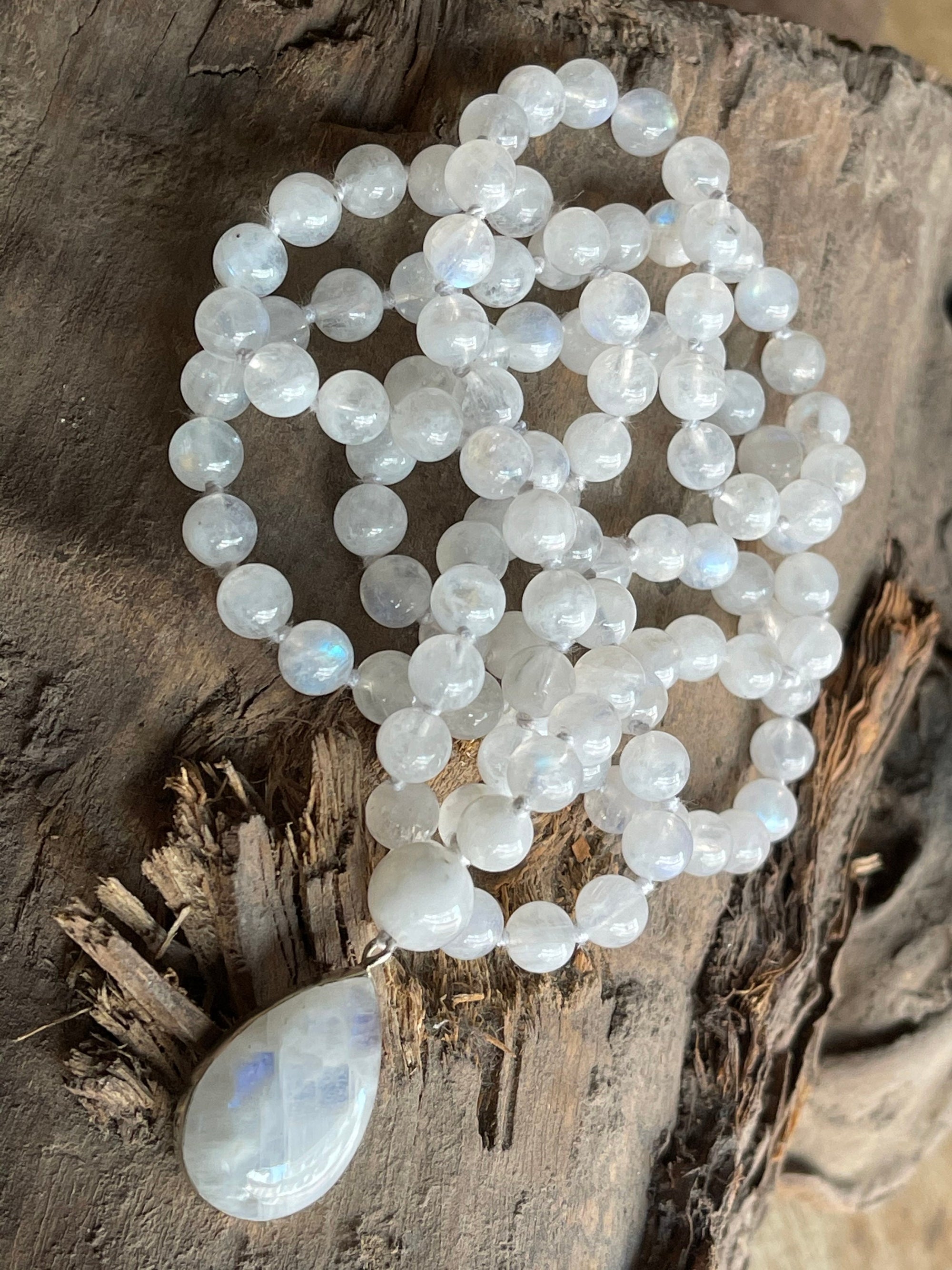 Moonstone Mala Necklace with 925 Sterling Silver Moonstone Pendant , Fertility Necklace, Meditation Mala Bracelet,Yoga Gift