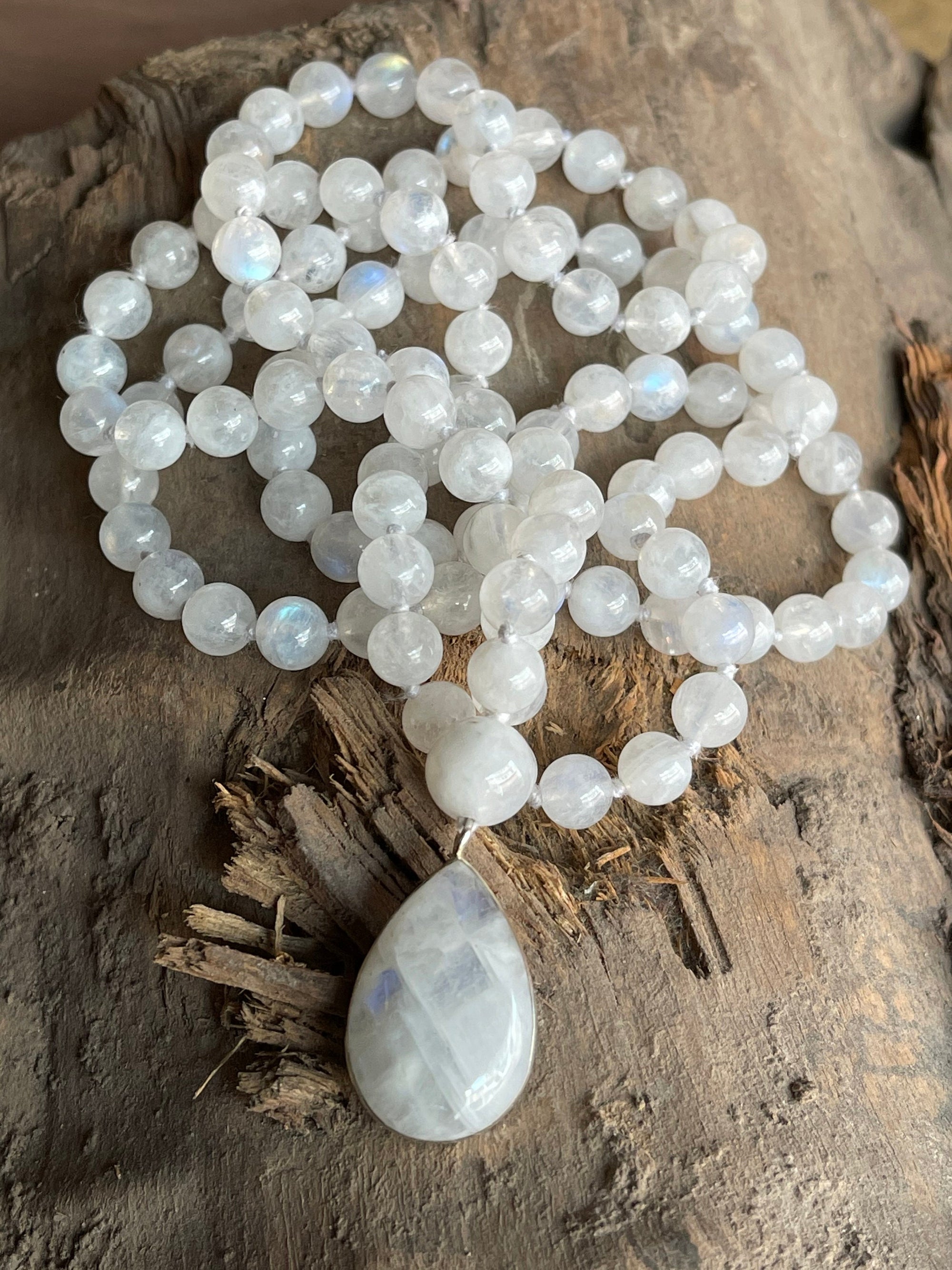 Moonstone Mala Necklace with 925 Sterling Silver Moonstone Pendant , Fertility Necklace, Meditation Mala Bracelet,Yoga Gift