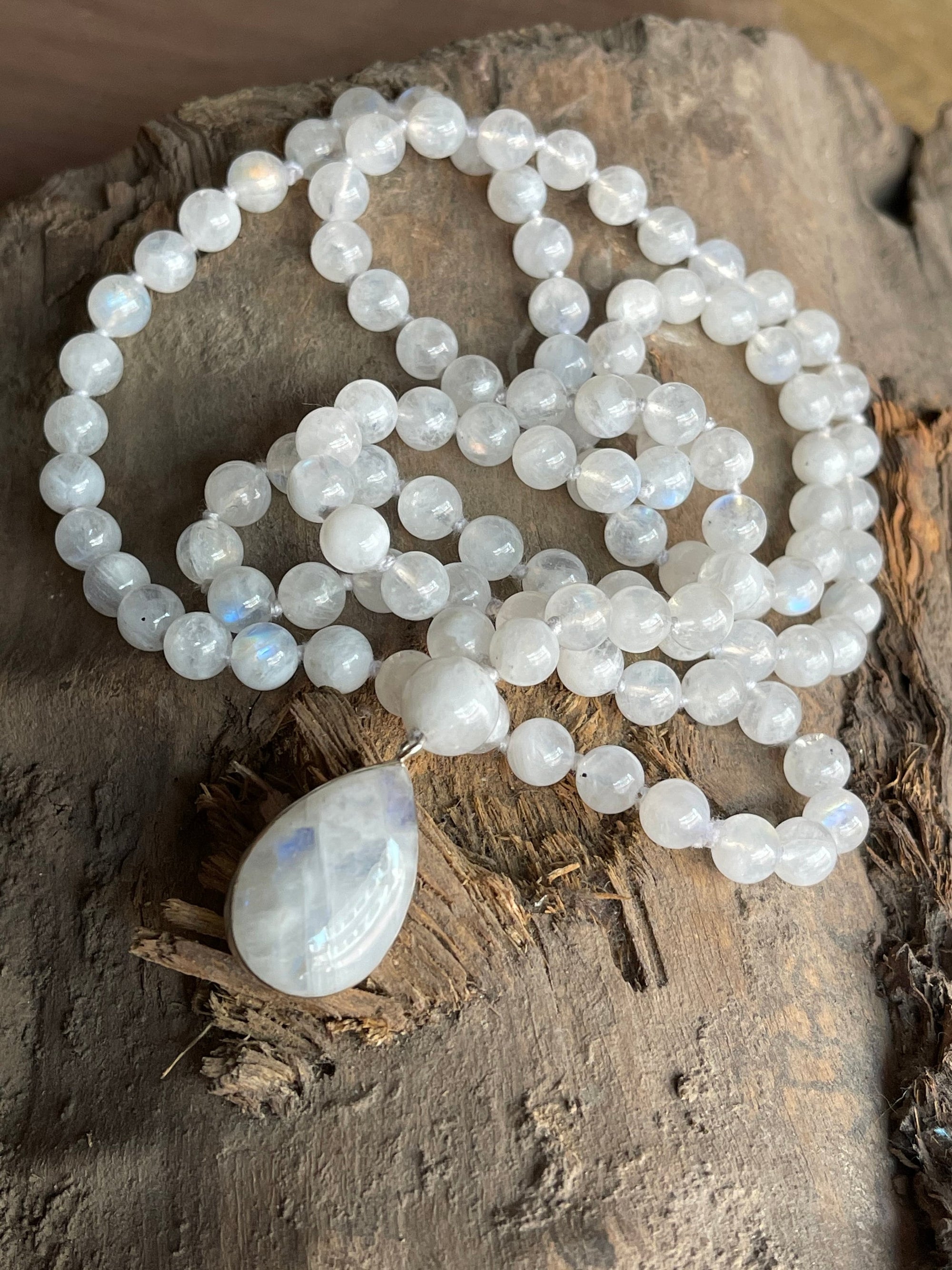 Moonstone Mala Necklace with 925 Sterling Silver Moonstone Pendant , Fertility Necklace, Meditation Mala Bracelet,Yoga Gift