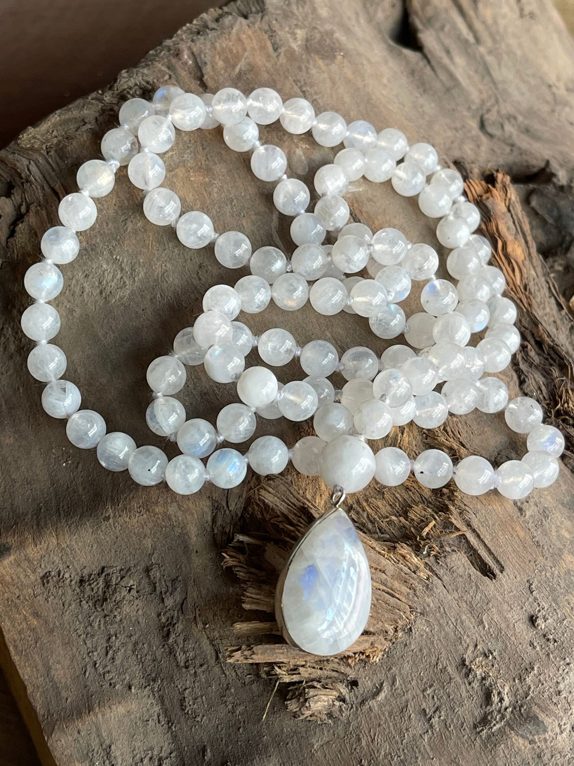 Moonstone Mala Necklace with 925 Sterling Silver Moonstone Pendant , Fertility Necklace, Meditation Mala Bracelet,Yoga Gift