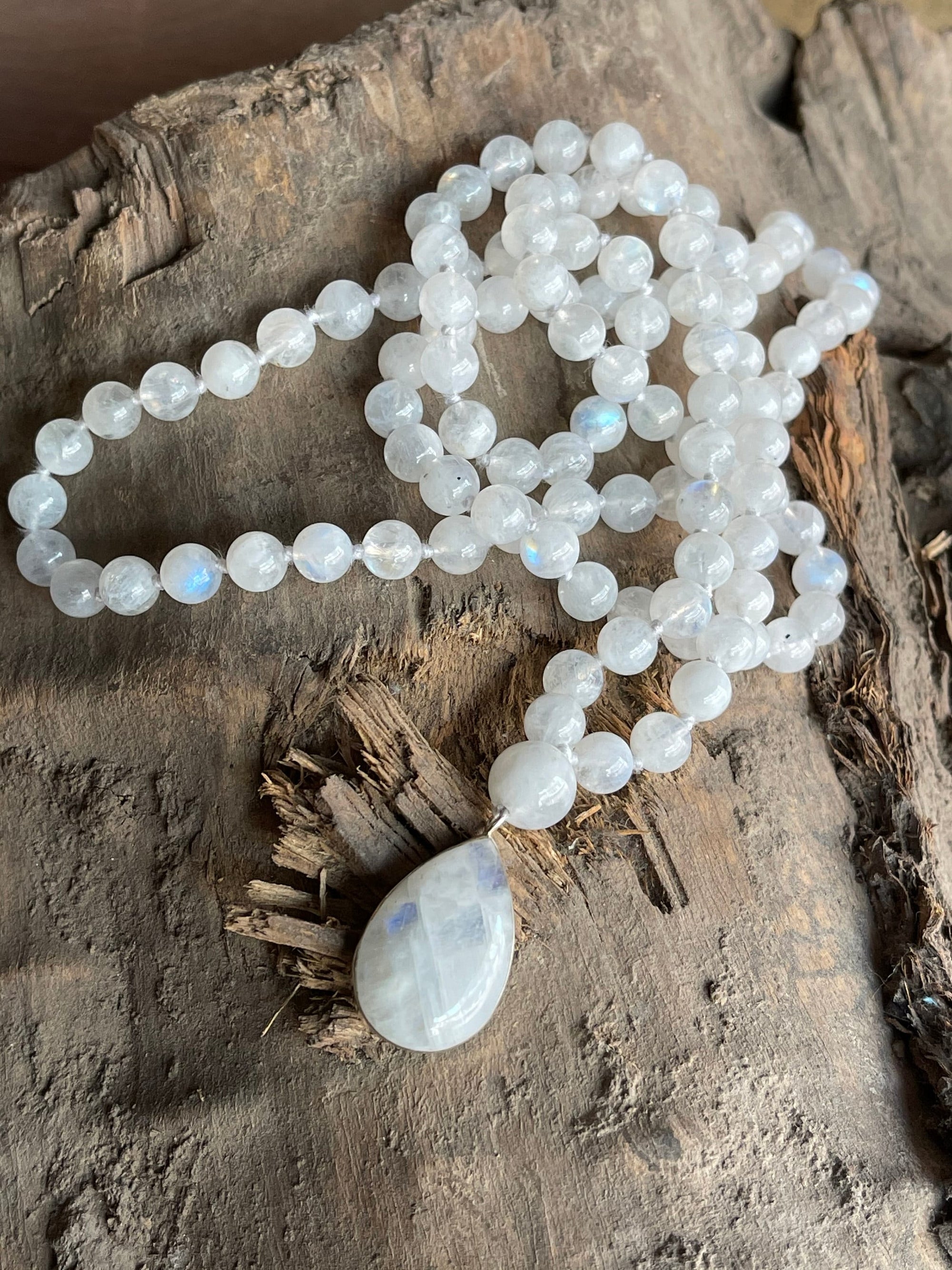 Moonstone Mala Necklace with 925 Sterling Silver Moonstone Pendant , Fertility Necklace, Meditation Mala Bracelet,Yoga Gift