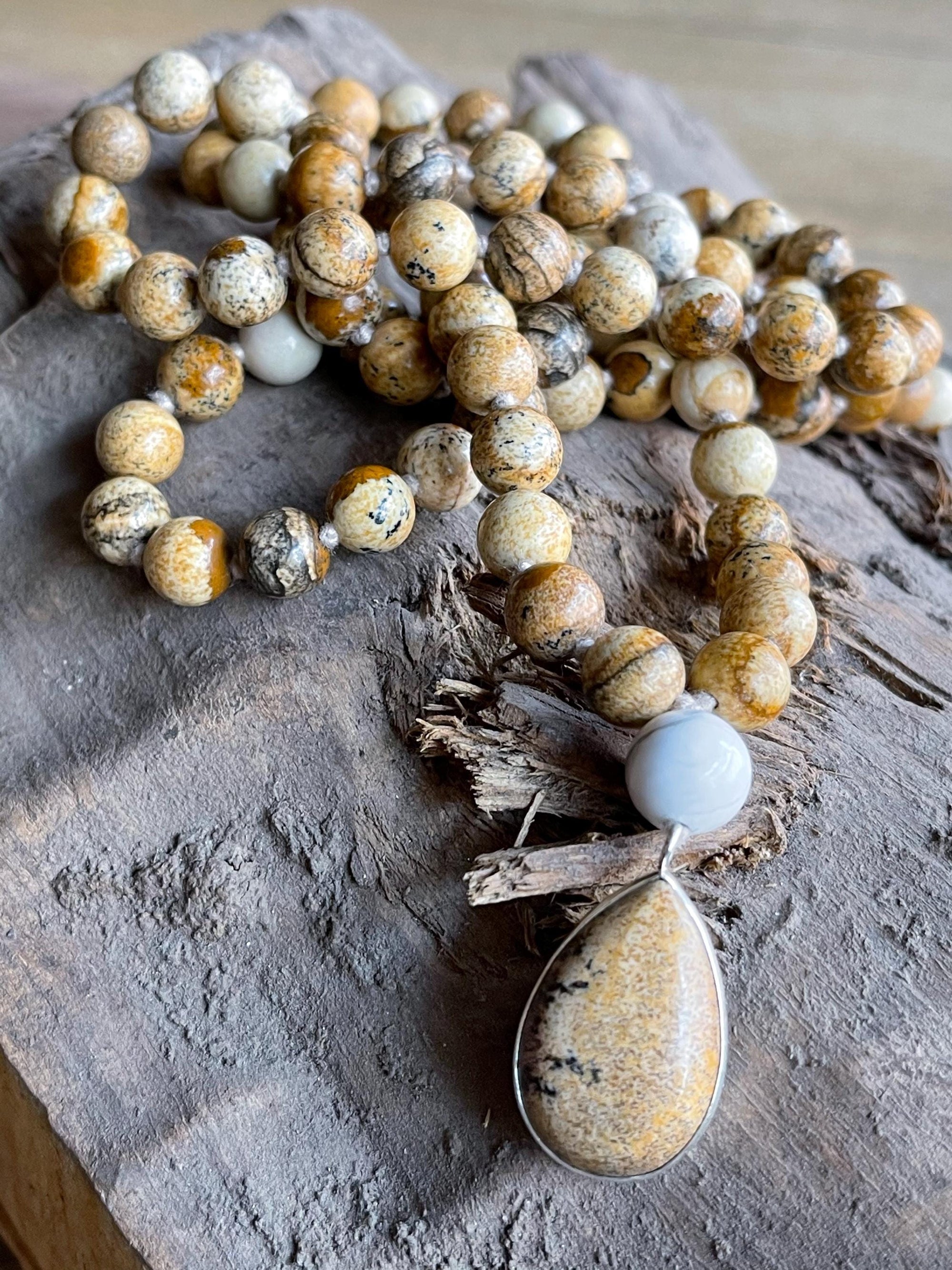 Picture Jasper Mala Necklace with 925 Sterling Silver Picture Jasper Pendant , 108 beaded japamala, Crystal Beaded Necklace,Yoga Gift