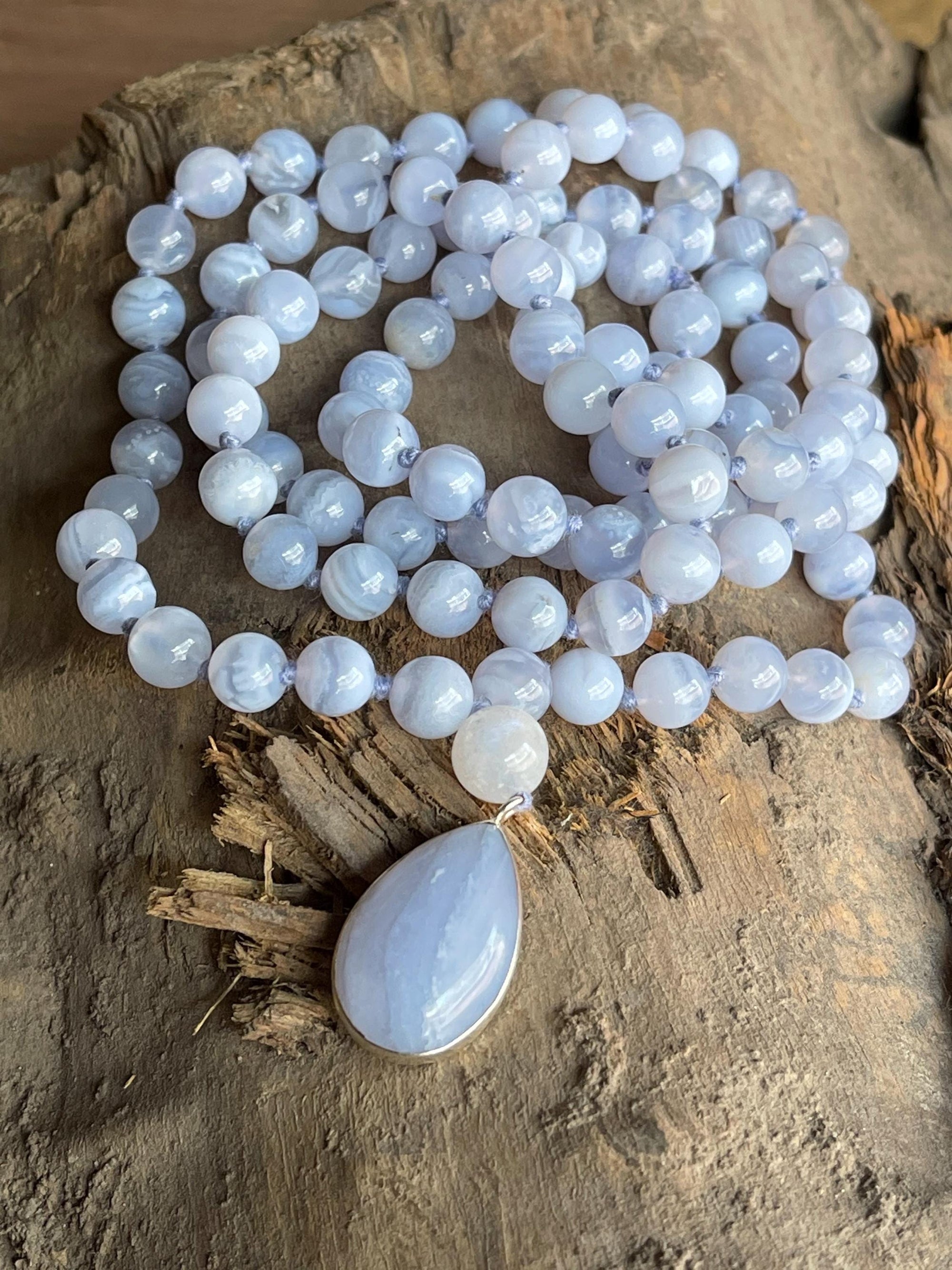 Blue Lace Agate Mala Necklace with 925 Sterling Silver Blue Lace Agate Pendant , 108 beaded japamala, Crystal Beaded Necklace,Yoga Gift