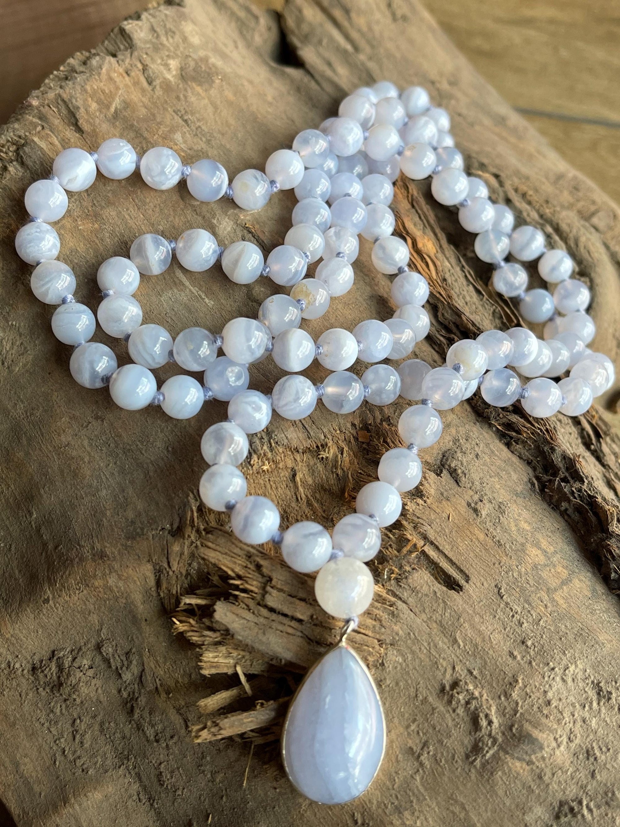 Blue Lace Agate Mala Necklace with 925 Sterling Silver Blue Lace Agate Pendant , 108 beaded japamala, Crystal Beaded Necklace,Yoga Gift