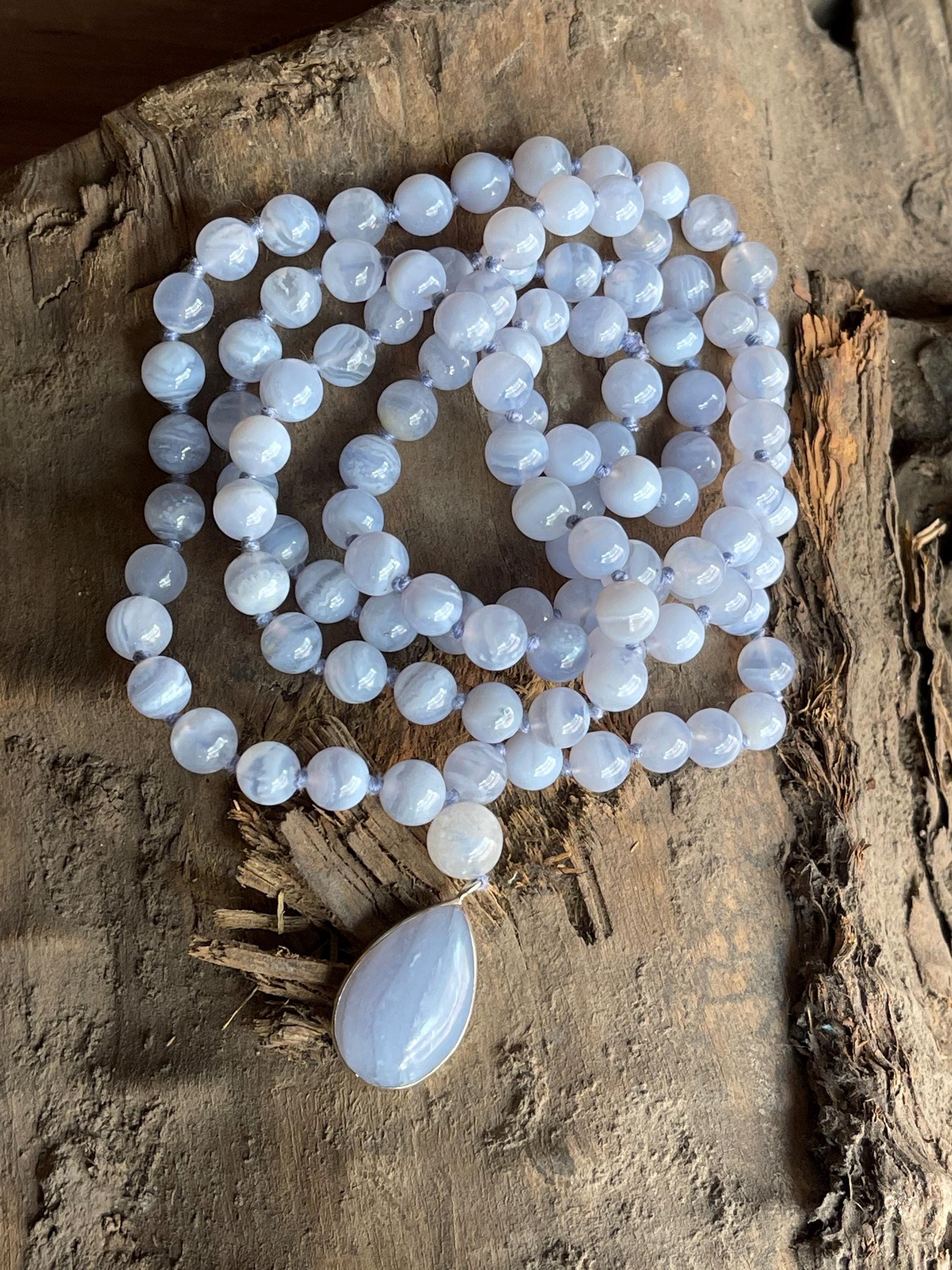 Blue Lace Agate Mala Necklace with 925 Sterling Silver Blue Lace Agate Pendant , 108 beaded japamala, Crystal Beaded Necklace,Yoga Gift