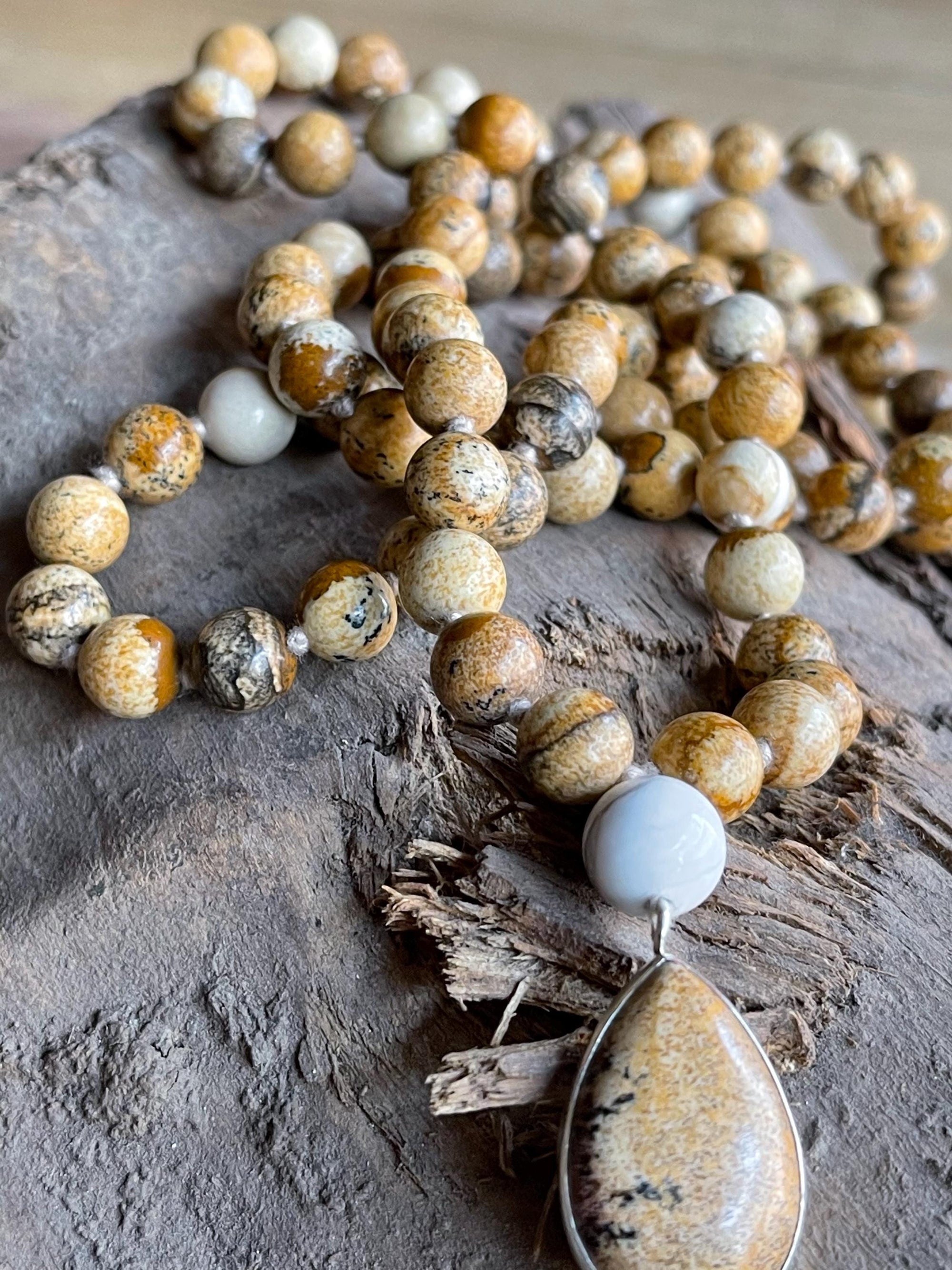 Picture Jasper Mala Necklace with 925 Sterling Silver Picture Jasper Pendant , 108 beaded japamala, Crystal Beaded Necklace,Yoga Gift