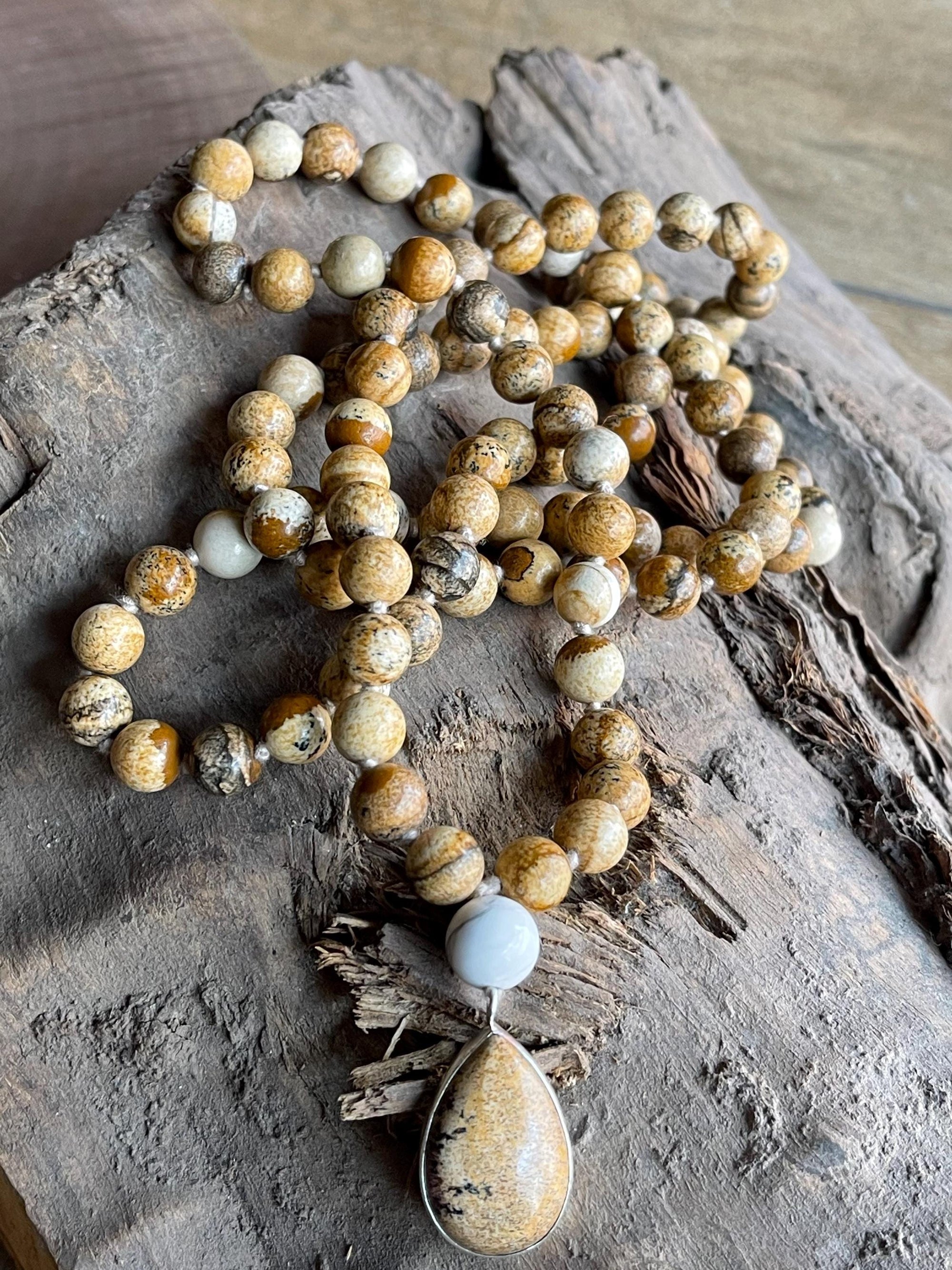 Picture Jasper Mala Necklace with 925 Sterling Silver Picture Jasper Pendant , 108 beaded japamala, Crystal Beaded Necklace,Yoga Gift