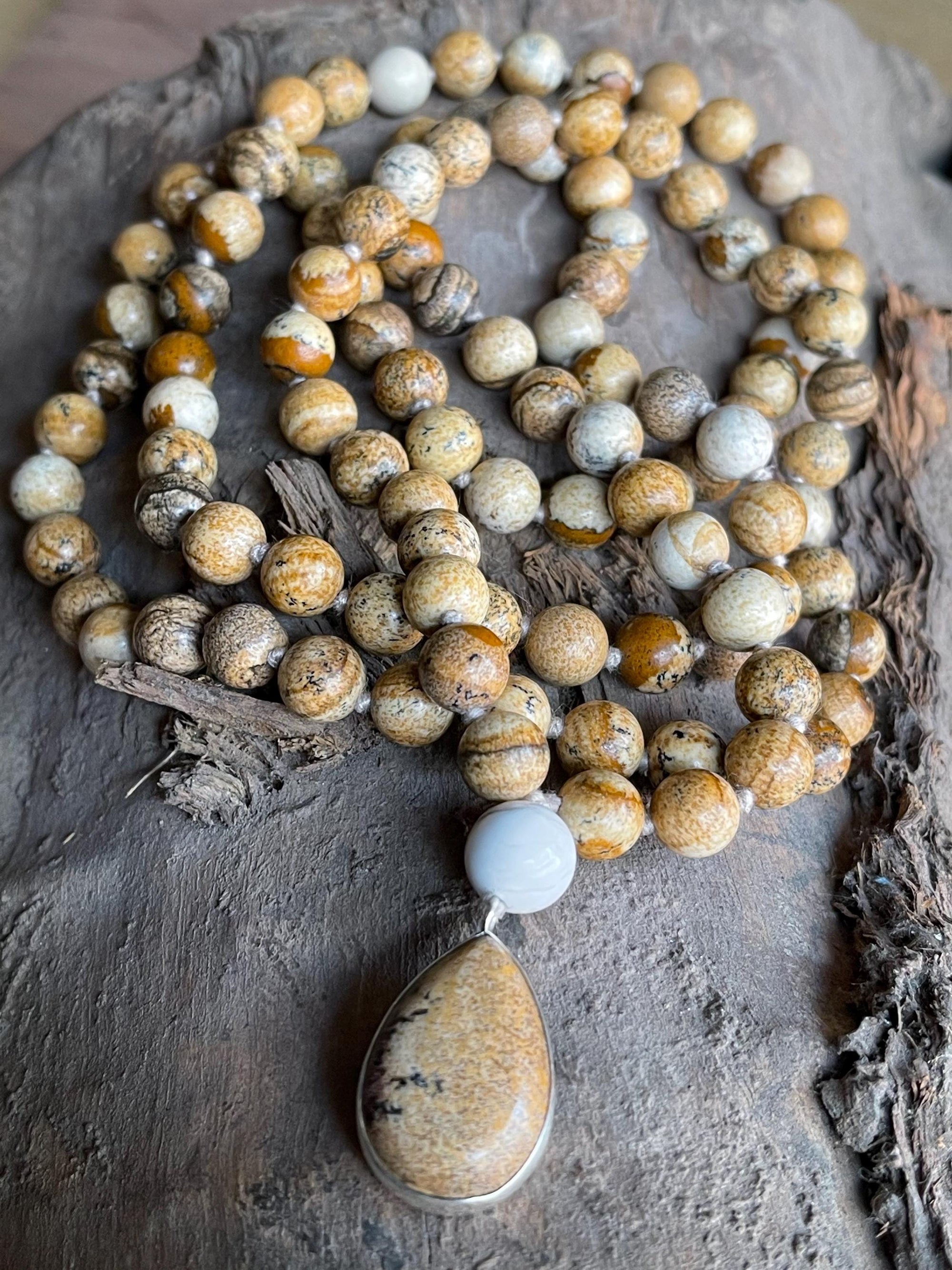 Picture Jasper Mala Necklace with 925 Sterling Silver Picture Jasper Pendant , 108 beaded japamala, Crystal Beaded Necklace,Yoga Gift
