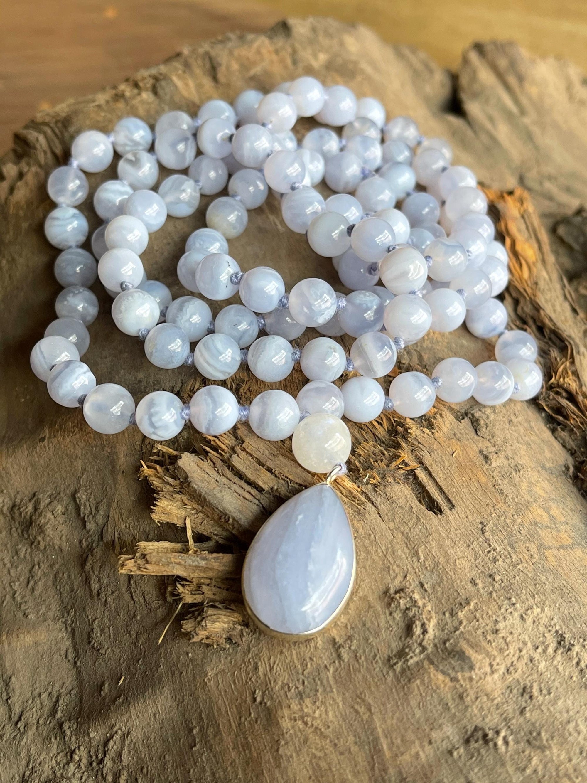 Blue Lace Agate Mala Necklace with 925 Sterling Silver Blue Lace Agate Pendant , 108 beaded japamala, Crystal Beaded Necklace,Yoga Gift