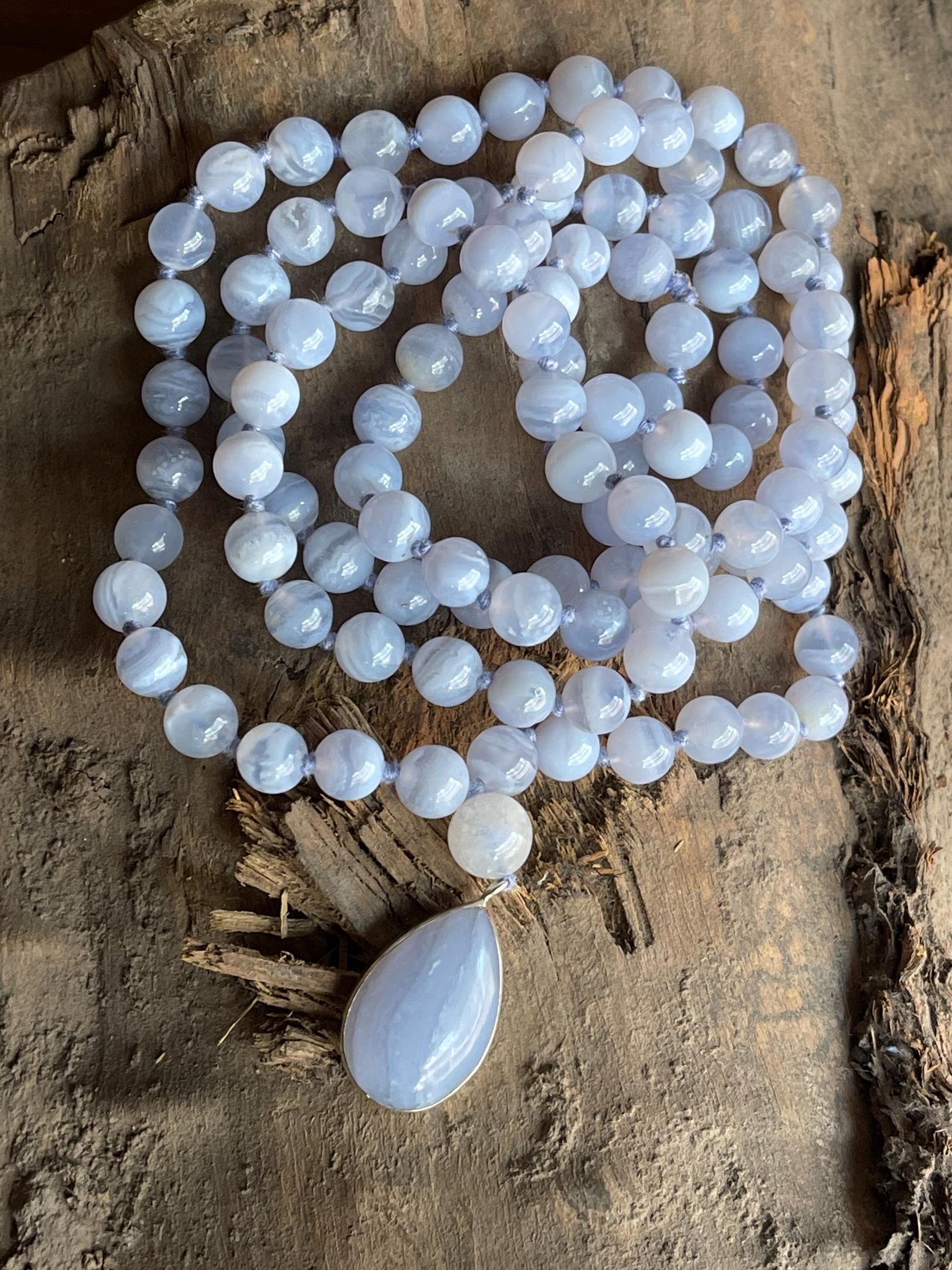 Blue Lace Agate Mala Necklace with 925 Sterling Silver Blue Lace Agate Pendant , 108 beaded japamala, Crystal Beaded Necklace,Yoga Gift