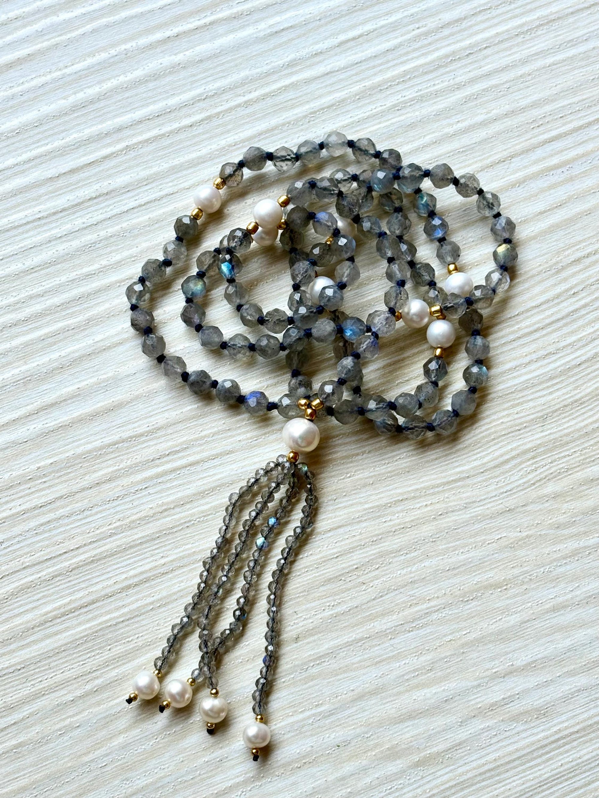 Labradorite Mala Necklace with Pearl Beads,Zodiac Mala Gift,108 beaded necklace,Yoga Beaded Necklace