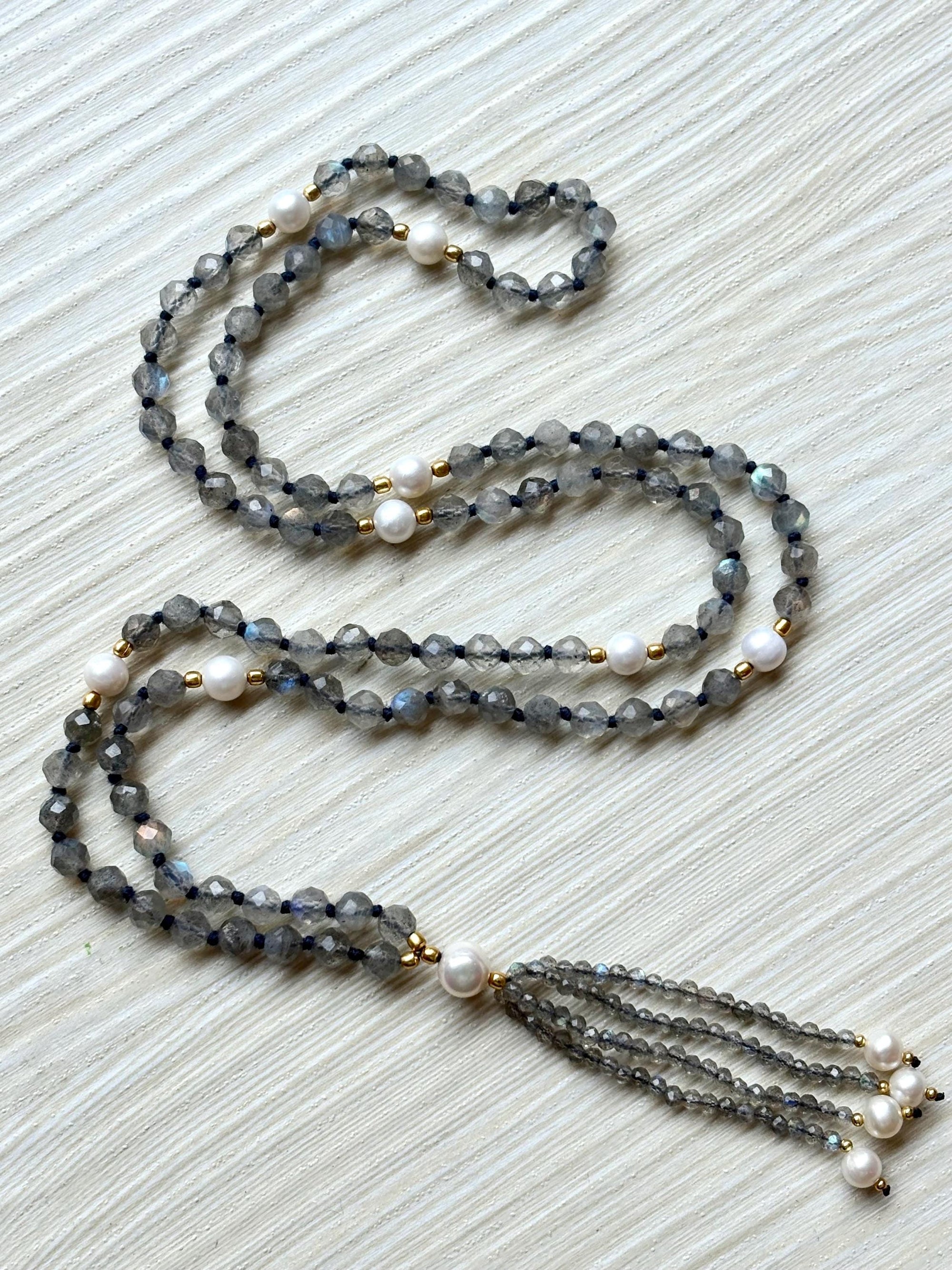 Labradorite Mala Necklace with Pearl Beads,Zodiac Mala Gift,108 beaded necklace,Yoga Beaded Necklace