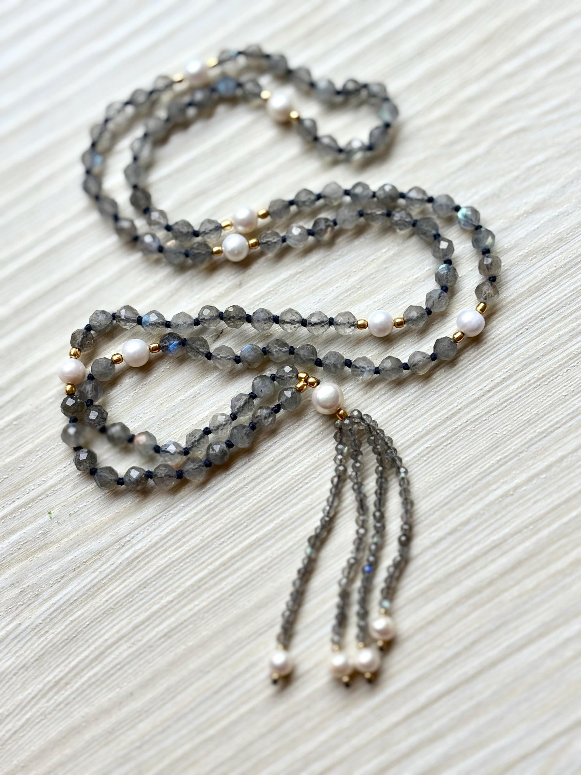 Labradorite Mala Necklace with Pearl Beads,Zodiac Mala Gift,108 beaded necklace,Yoga Beaded Necklace