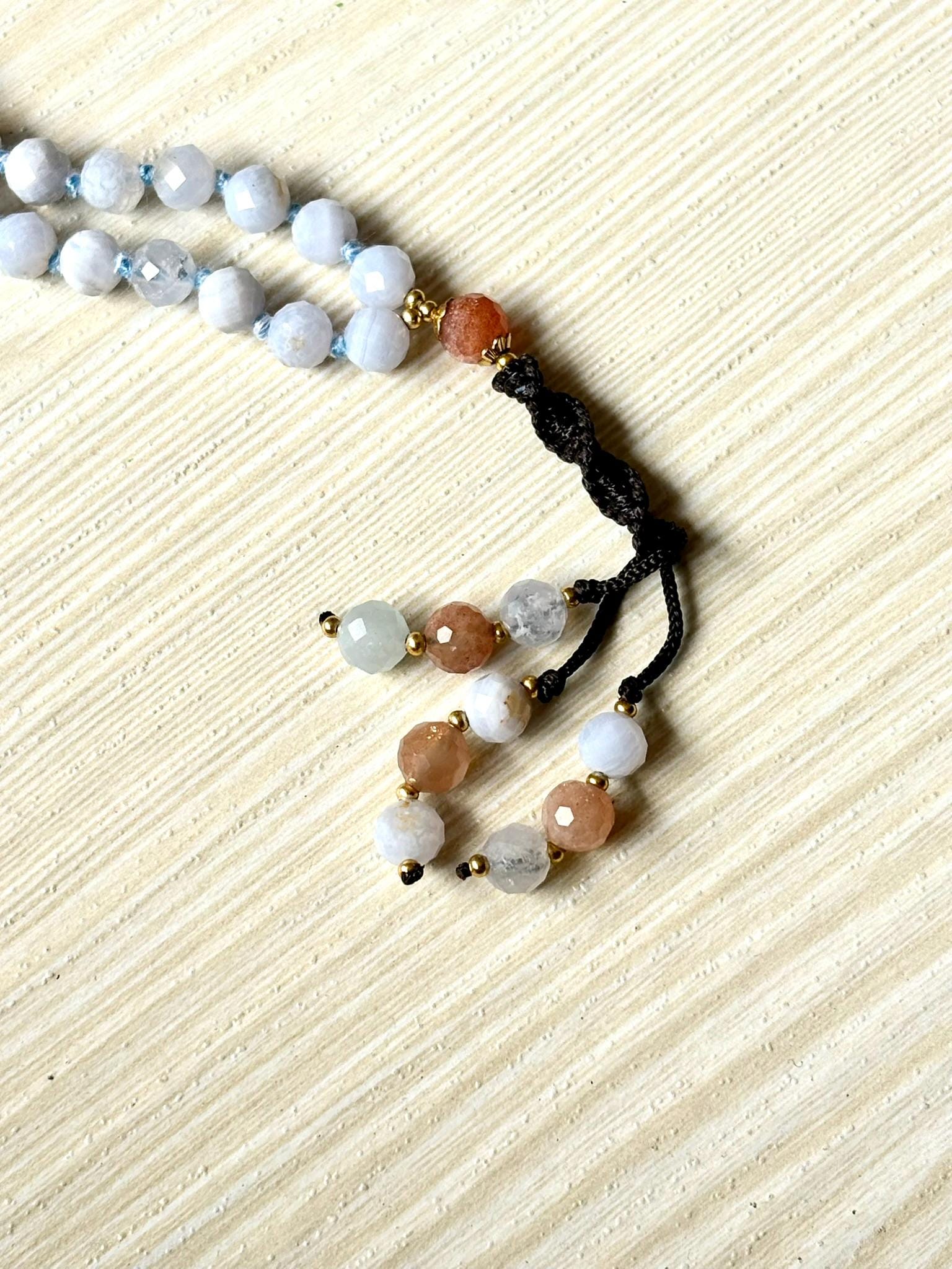 Blue Lace Agate Mala Necklace: 108 Bead Sunstone Japamala