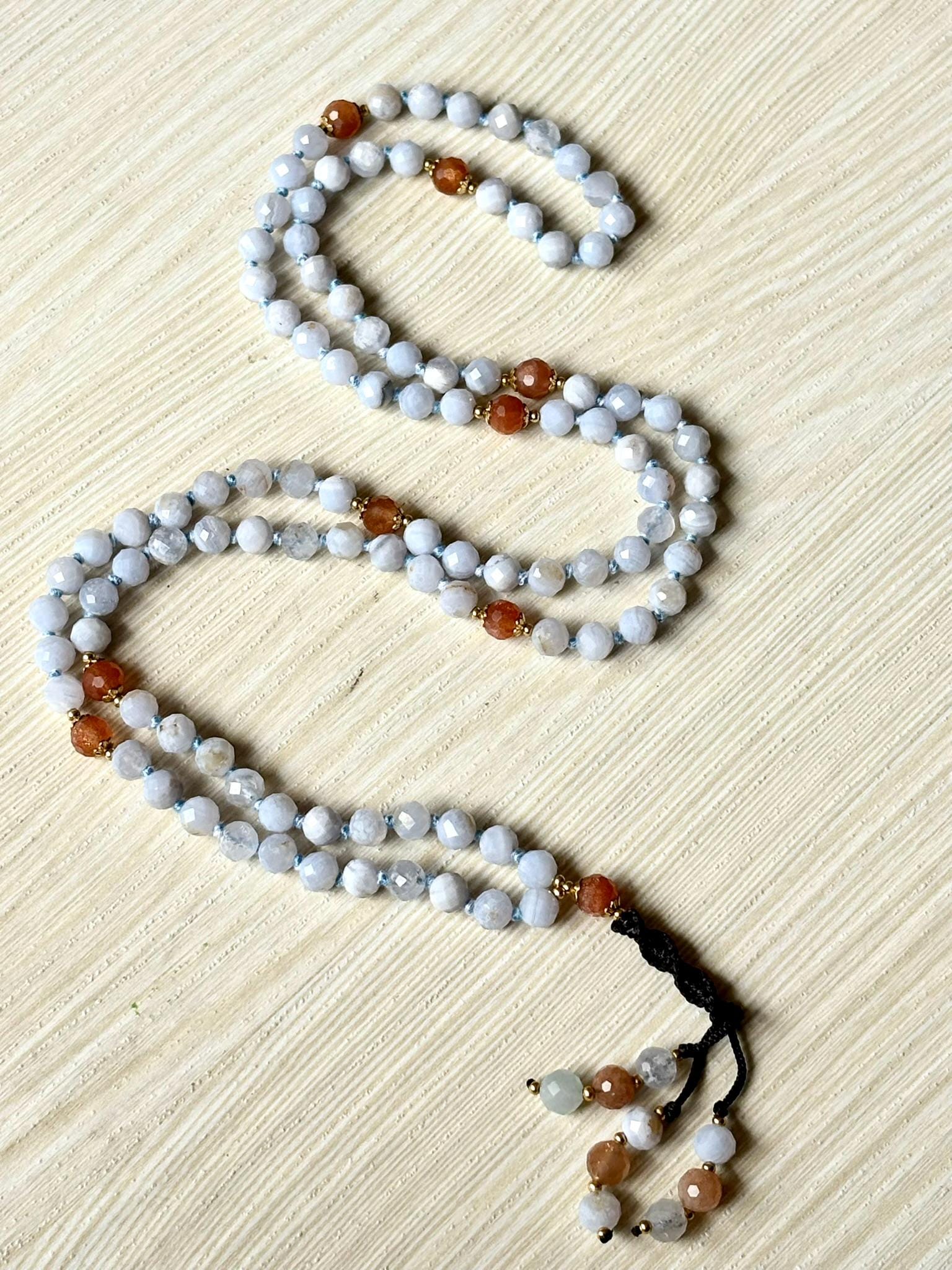 Blue Lace Agate Mala Necklace: 108 Bead Sunstone Japamala