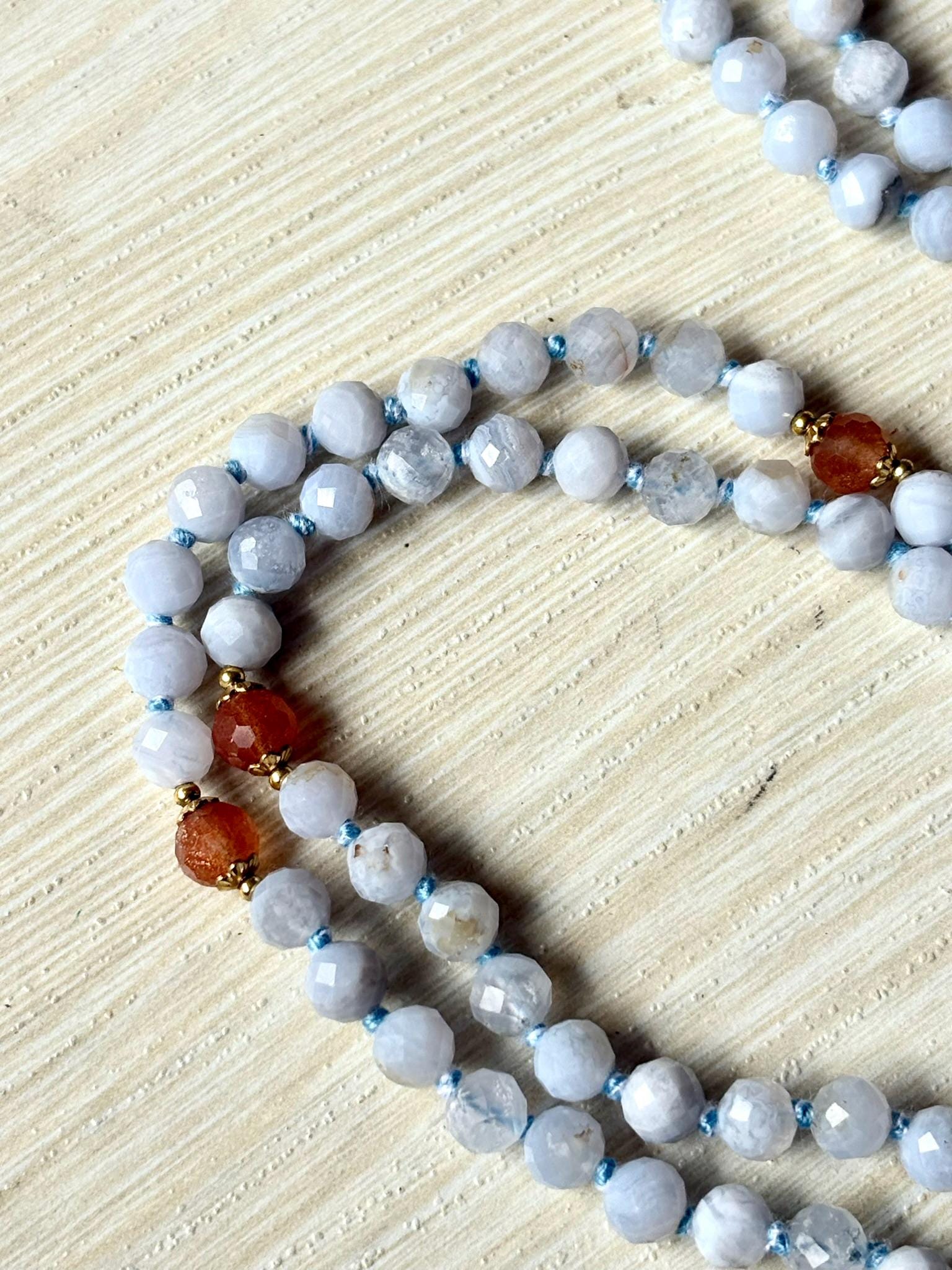 Blue Lace Agate Mala Necklace: 108 Bead Sunstone Japamala