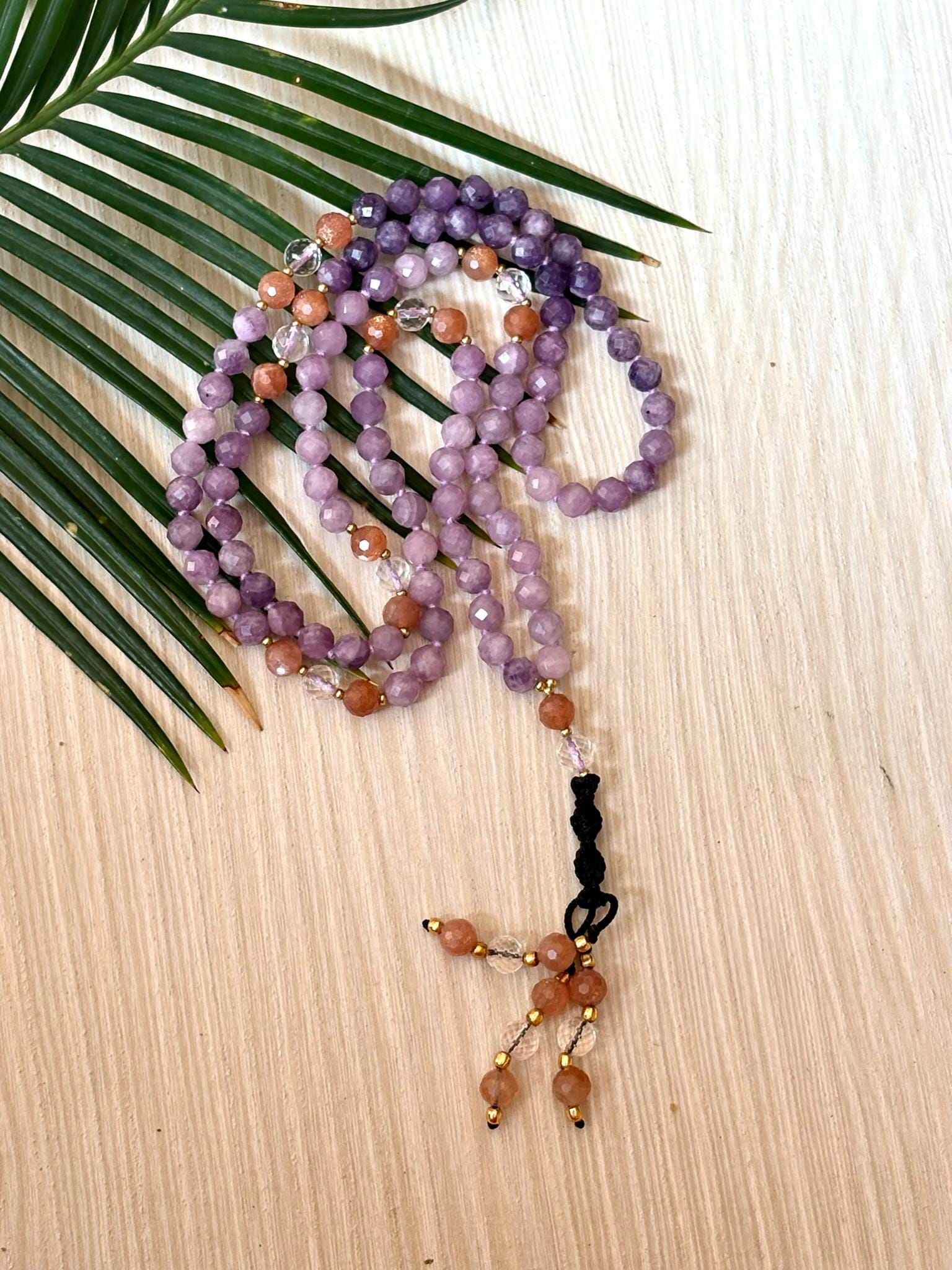 Lepidolite Mala Necklace: Sunstone & Clear Quartz, Meditation Beads